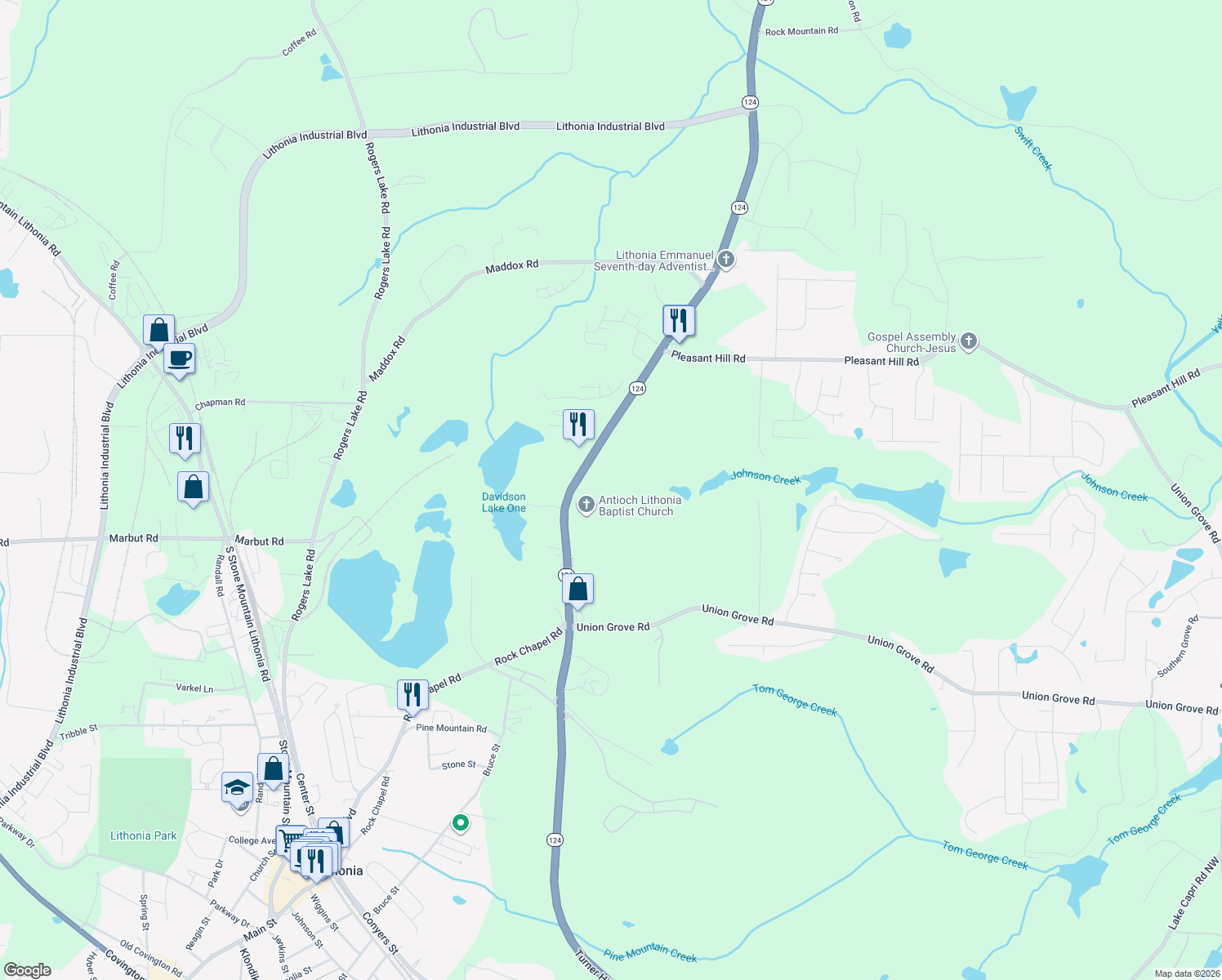 map of restaurants, bars, coffee shops, grocery stores, and more near 2112 Rock Chapel Road in Lithonia