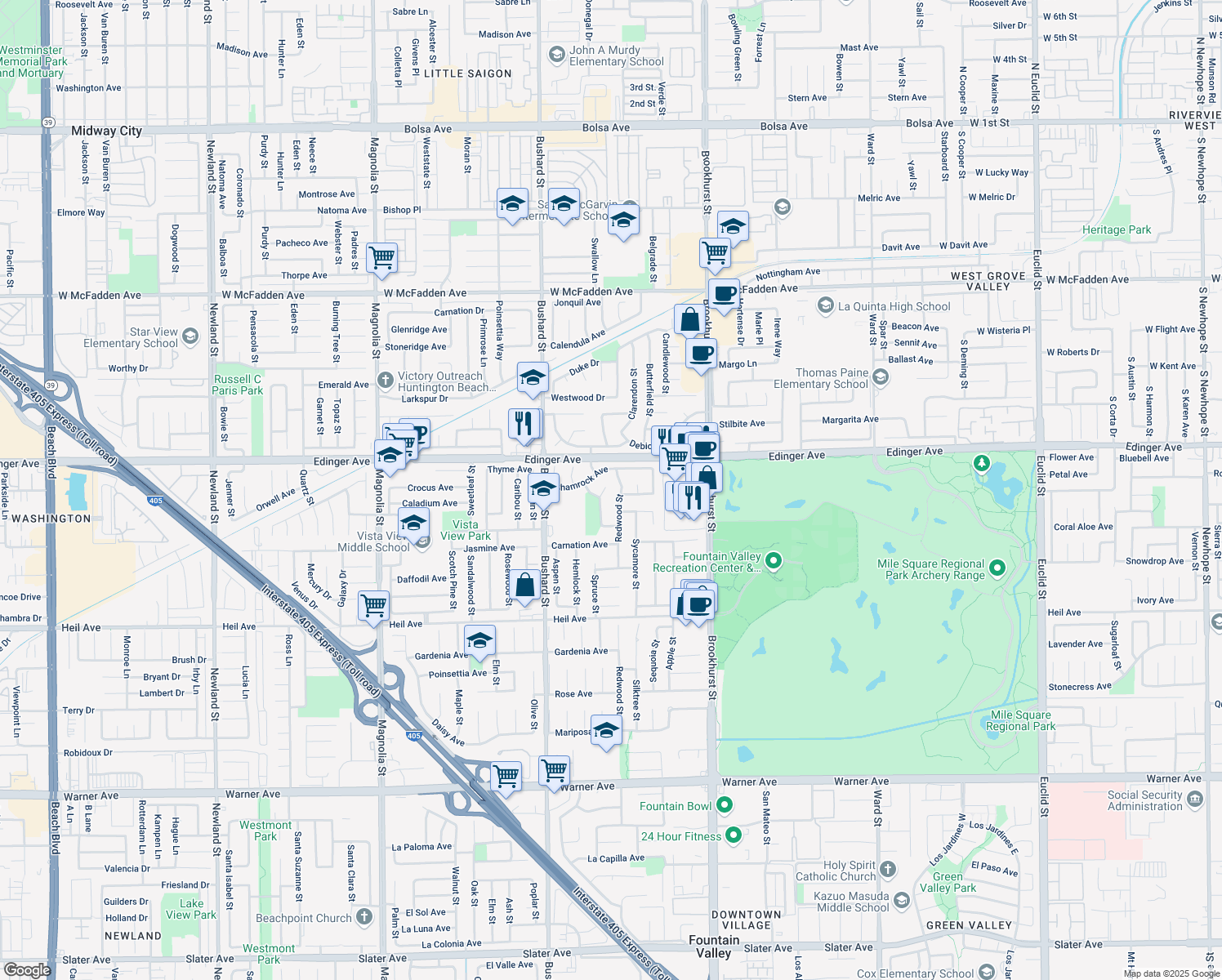 map of restaurants, bars, coffee shops, grocery stores, and more near 16096 Mesquite Circle in Fountain Valley