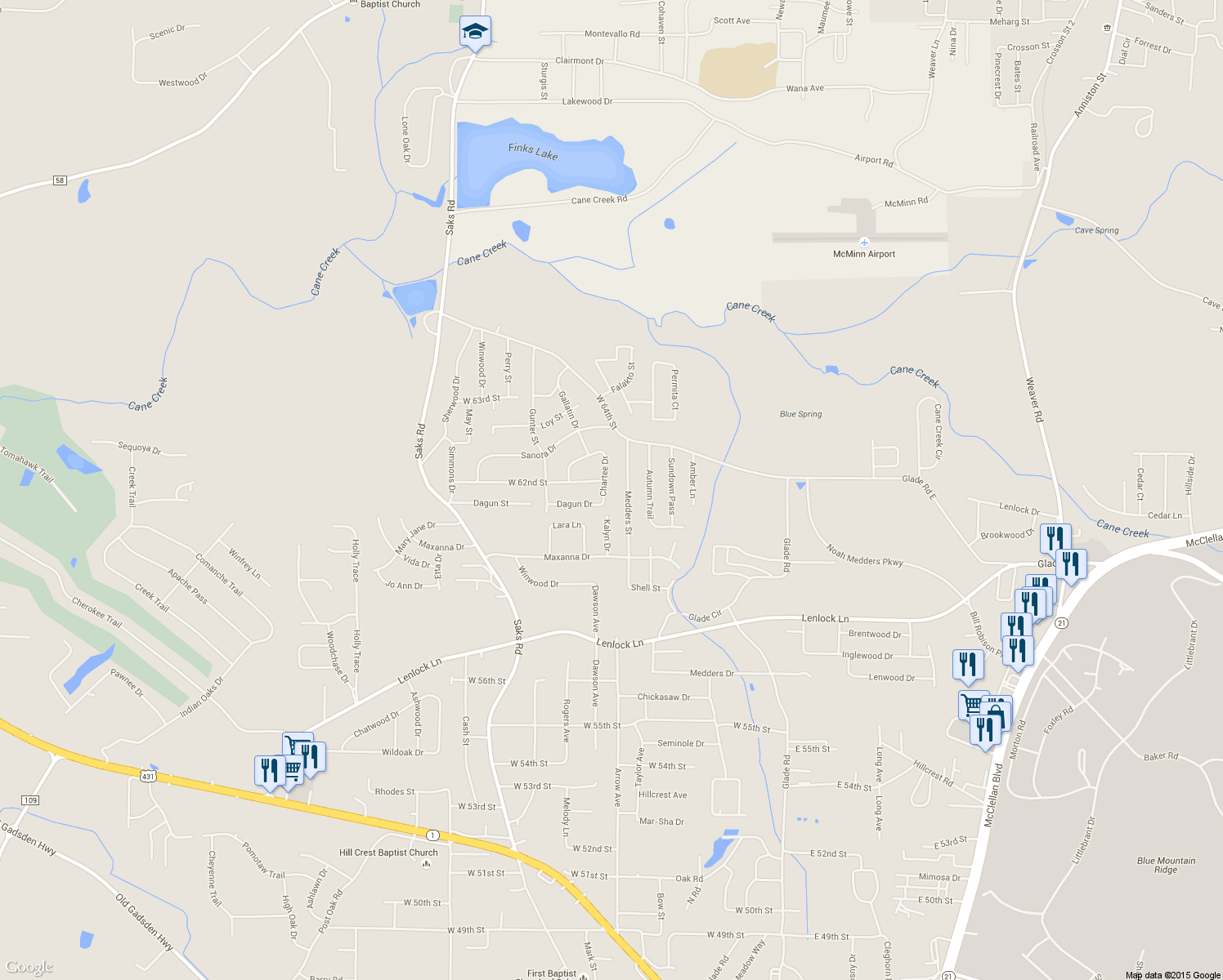 map of restaurants, bars, coffee shops, grocery stores, and more near 6111 Chartee Dr in Anniston