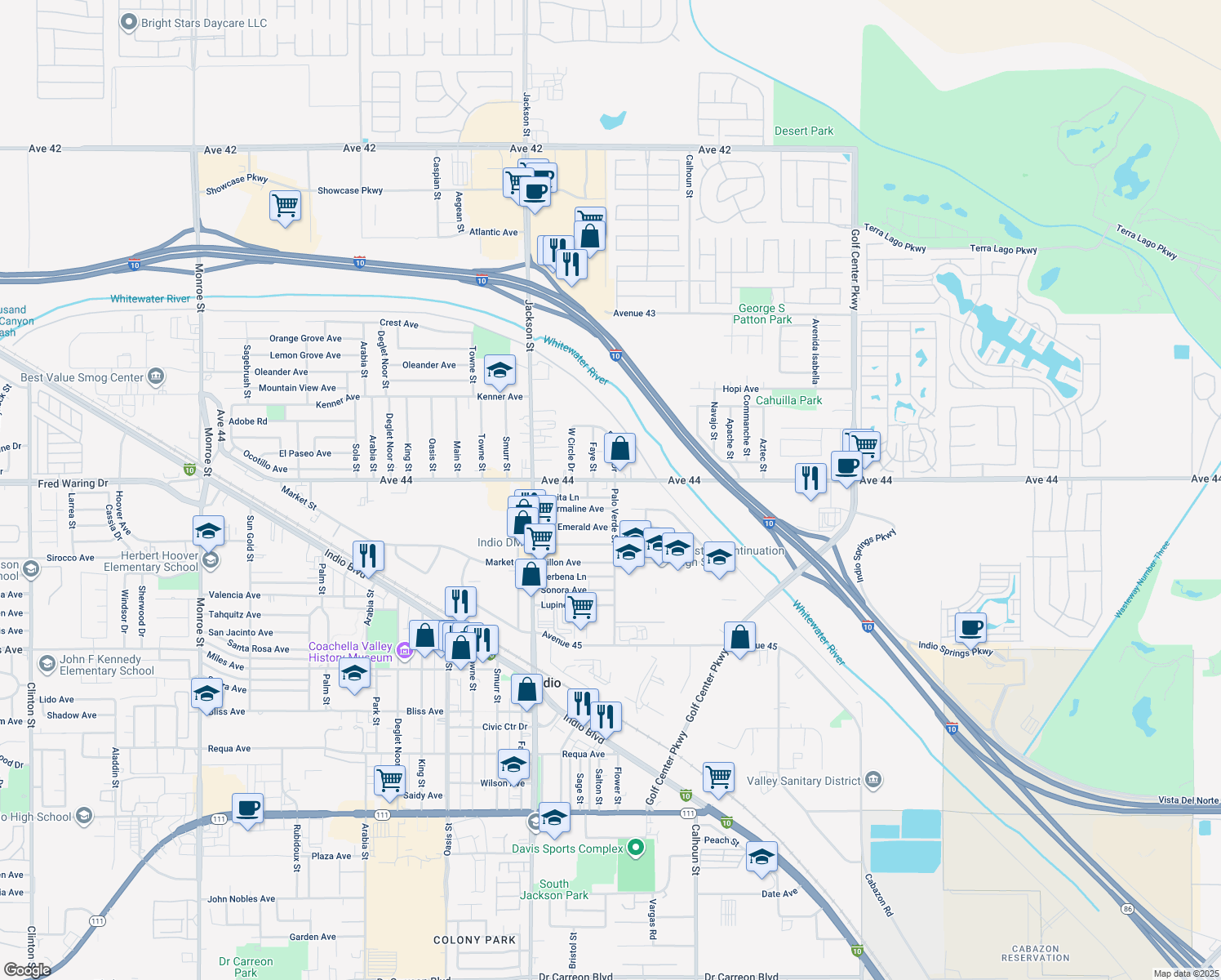 map of restaurants, bars, coffee shops, grocery stores, and more near 44093 Palo Verde Street in Indio