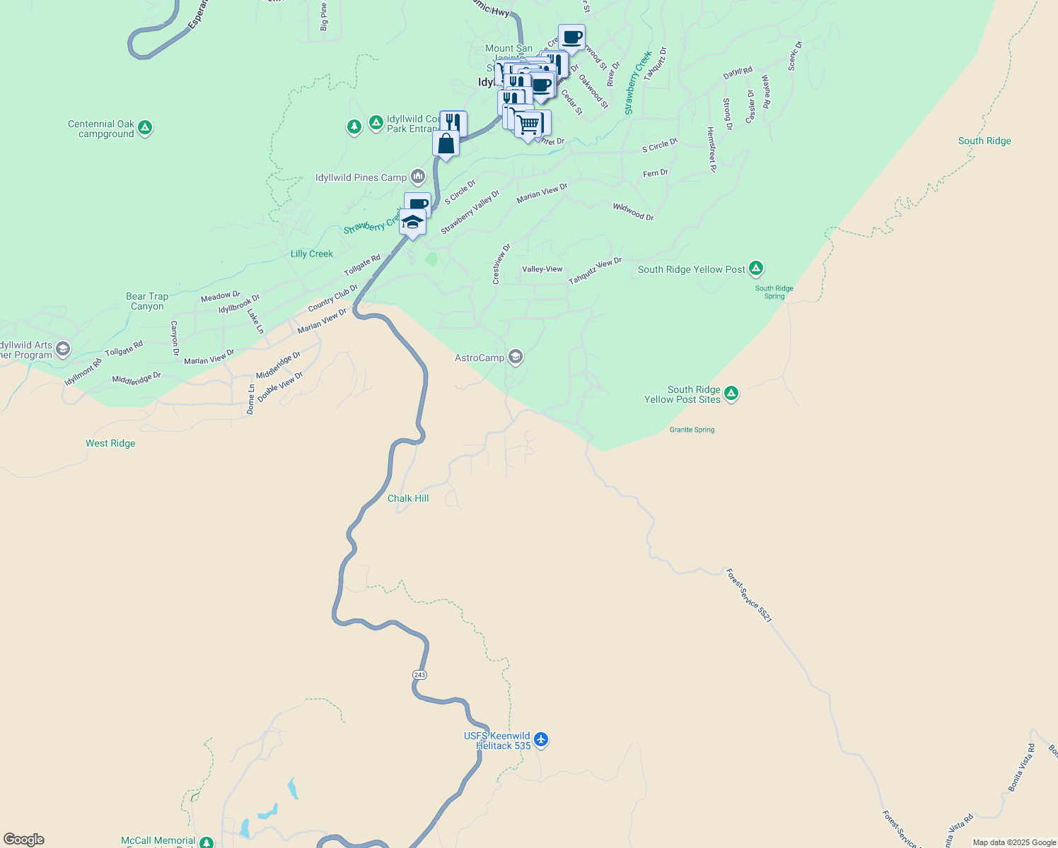 map of restaurants, bars, coffee shops, grocery stores, and more near 27180 Golden Rod Road in Idyllwild-Pine Cove