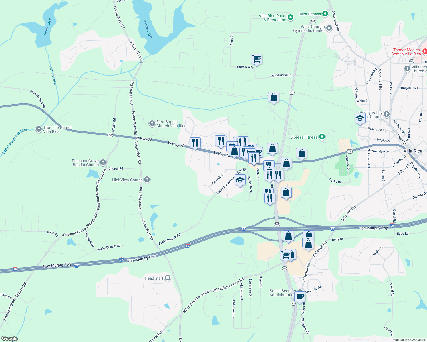 map of restaurants, bars, coffee shops, grocery stores, and more near 1024 Topaz Lane in Villa Rica