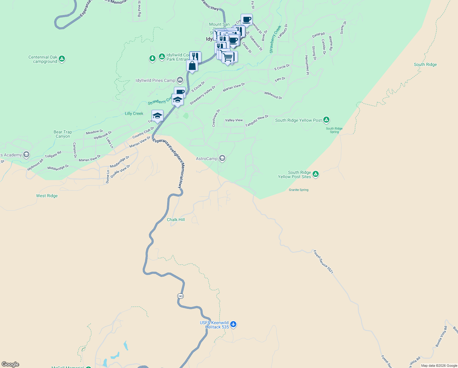 map of restaurants, bars, coffee shops, grocery stores, and more near 27180 Golden Rod Road in Idyllwild-Pine Cove