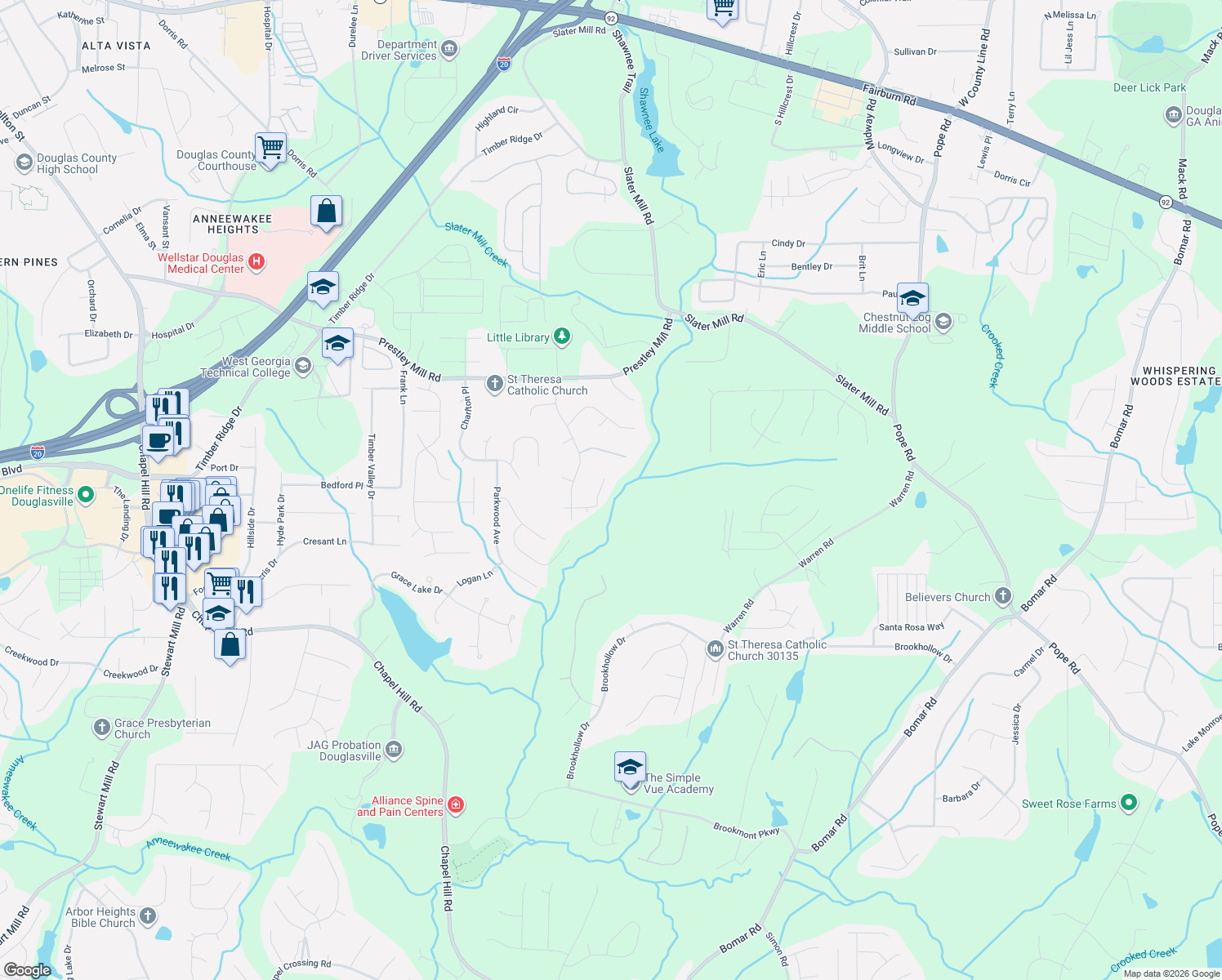 map of restaurants, bars, coffee shops, grocery stores, and more near 9276 Brook Court in Douglasville
