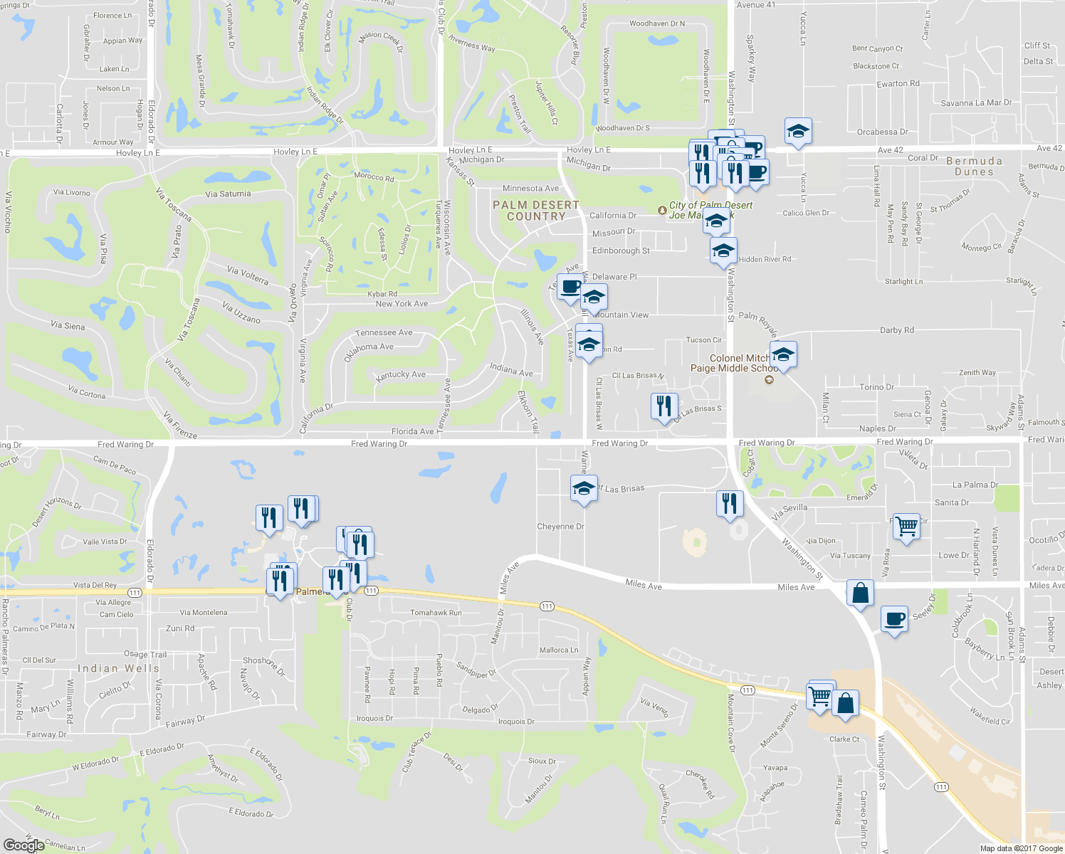 map of restaurants, bars, coffee shops, grocery stores, and more near 77340 Florida Avenue in Palm Desert
