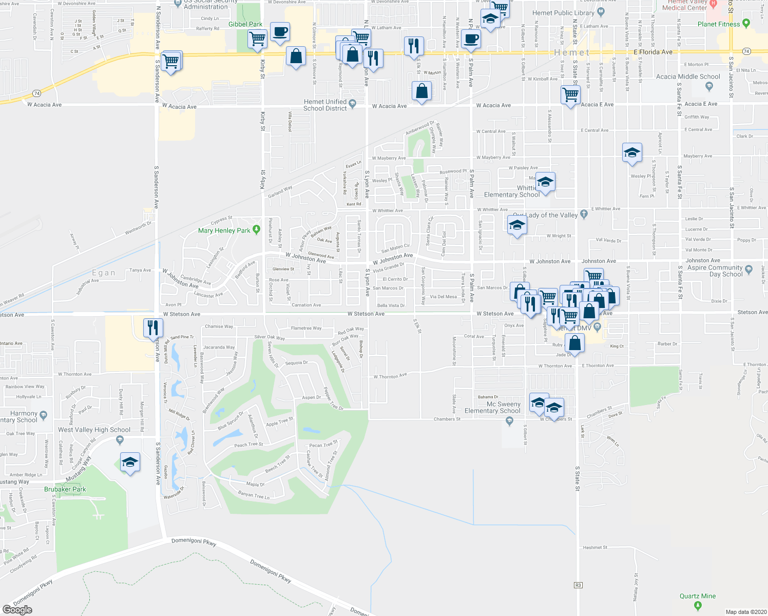 map of restaurants, bars, coffee shops, grocery stores, and more near 1631 Bella Vista Drive in Hemet