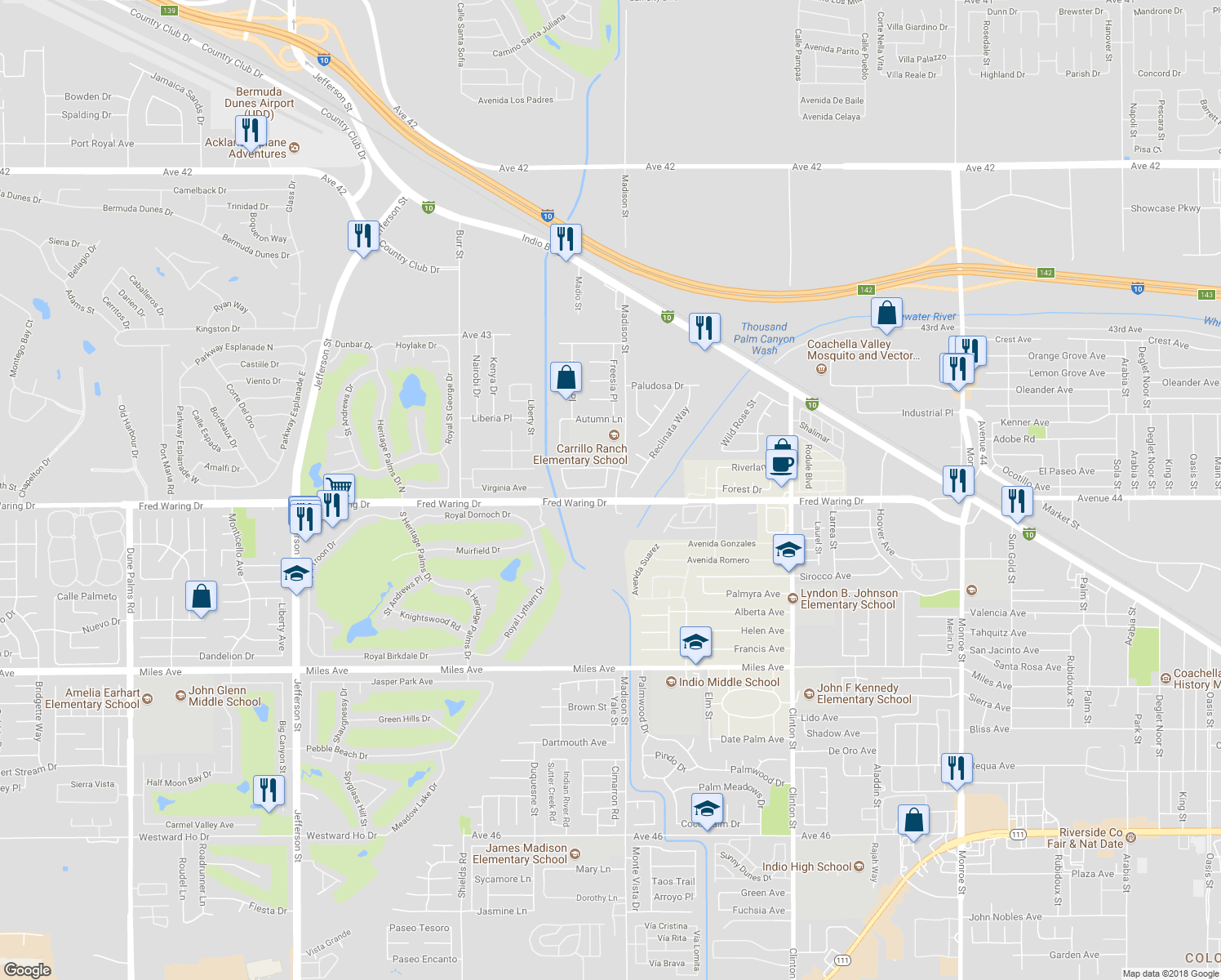 map of restaurants, bars, coffee shops, grocery stores, and more near 43916 Aspen Street in Indio