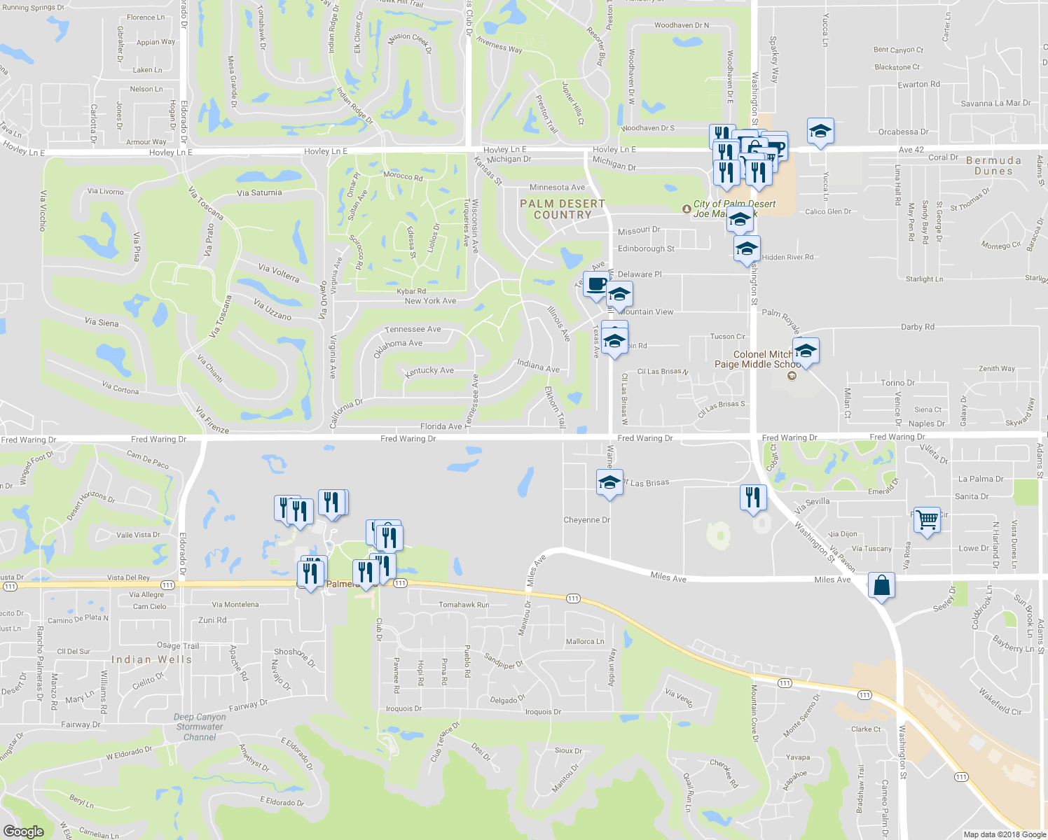 map of restaurants, bars, coffee shops, grocery stores, and more near 43755 Louisiana Street in Palm Desert