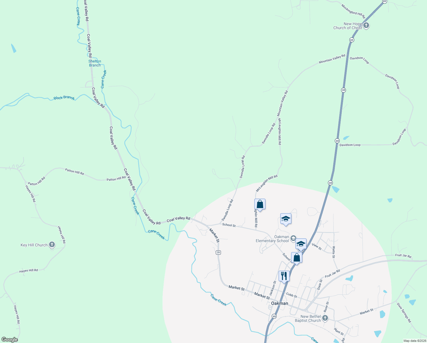 map of restaurants, bars, coffee shops, grocery stores, and more near 275 Midnite Drive in Oakman
