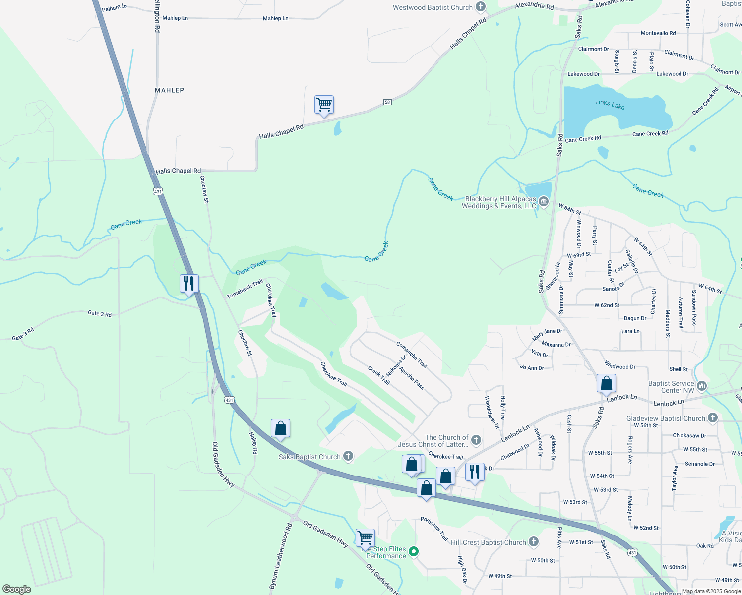 map of restaurants, bars, coffee shops, grocery stores, and more near 609 Creek Trail in Anniston