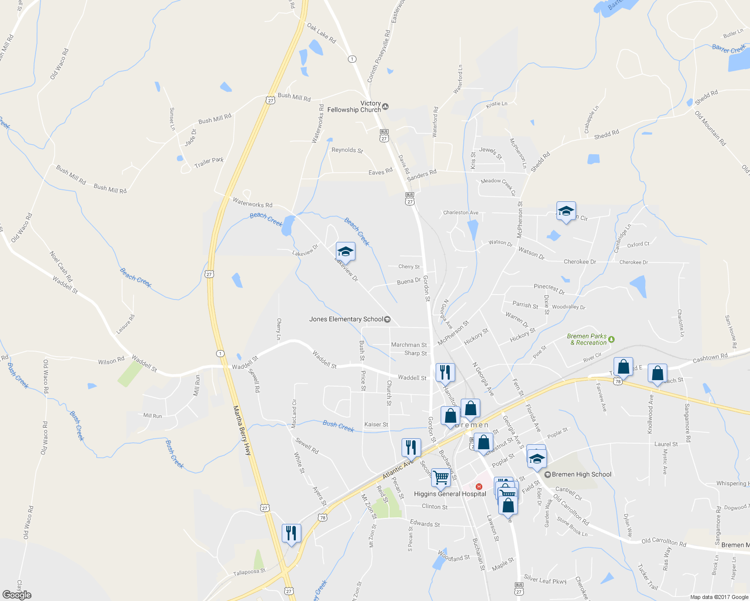 map of restaurants, bars, coffee shops, grocery stores, and more near 219 Lakeview Drive in Bremen