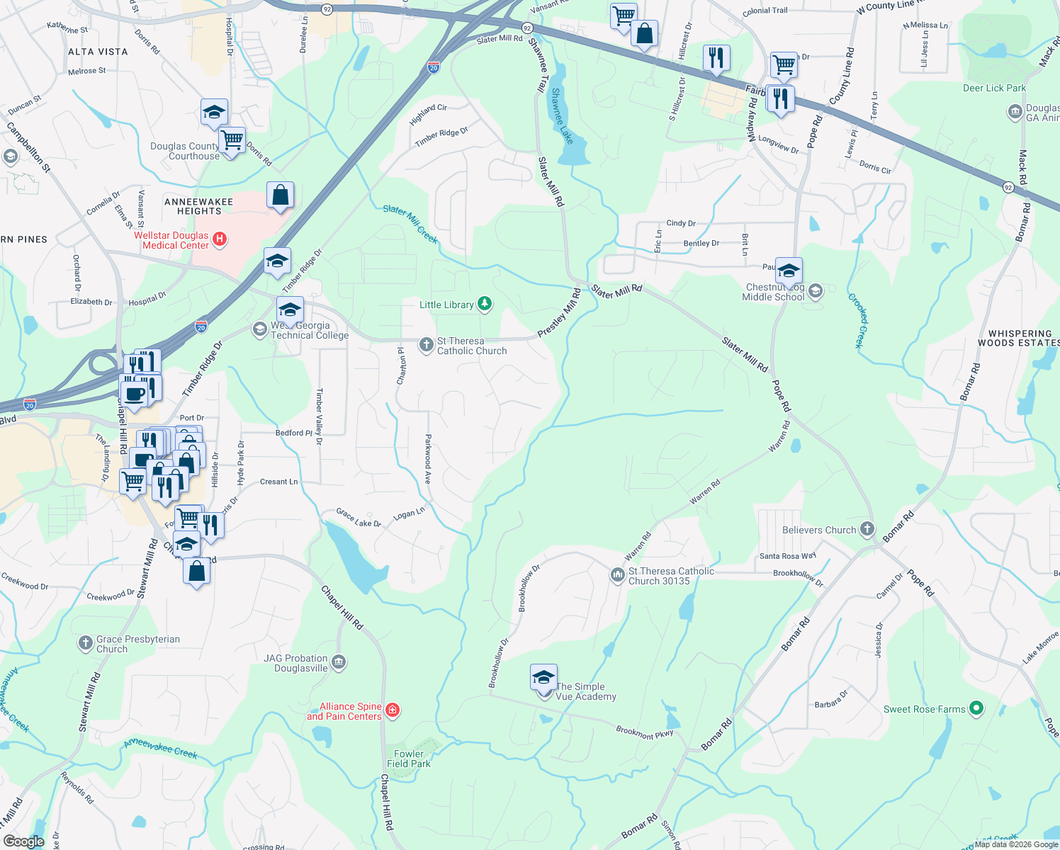 map of restaurants, bars, coffee shops, grocery stores, and more near 9240 Brook Court in Douglasville