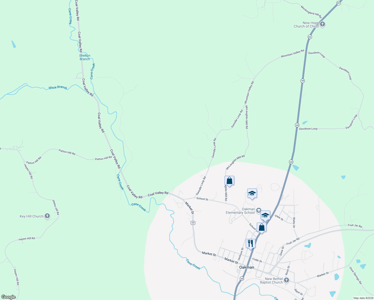 map of restaurants, bars, coffee shops, grocery stores, and more near 275 Midnite Drive in Oakman