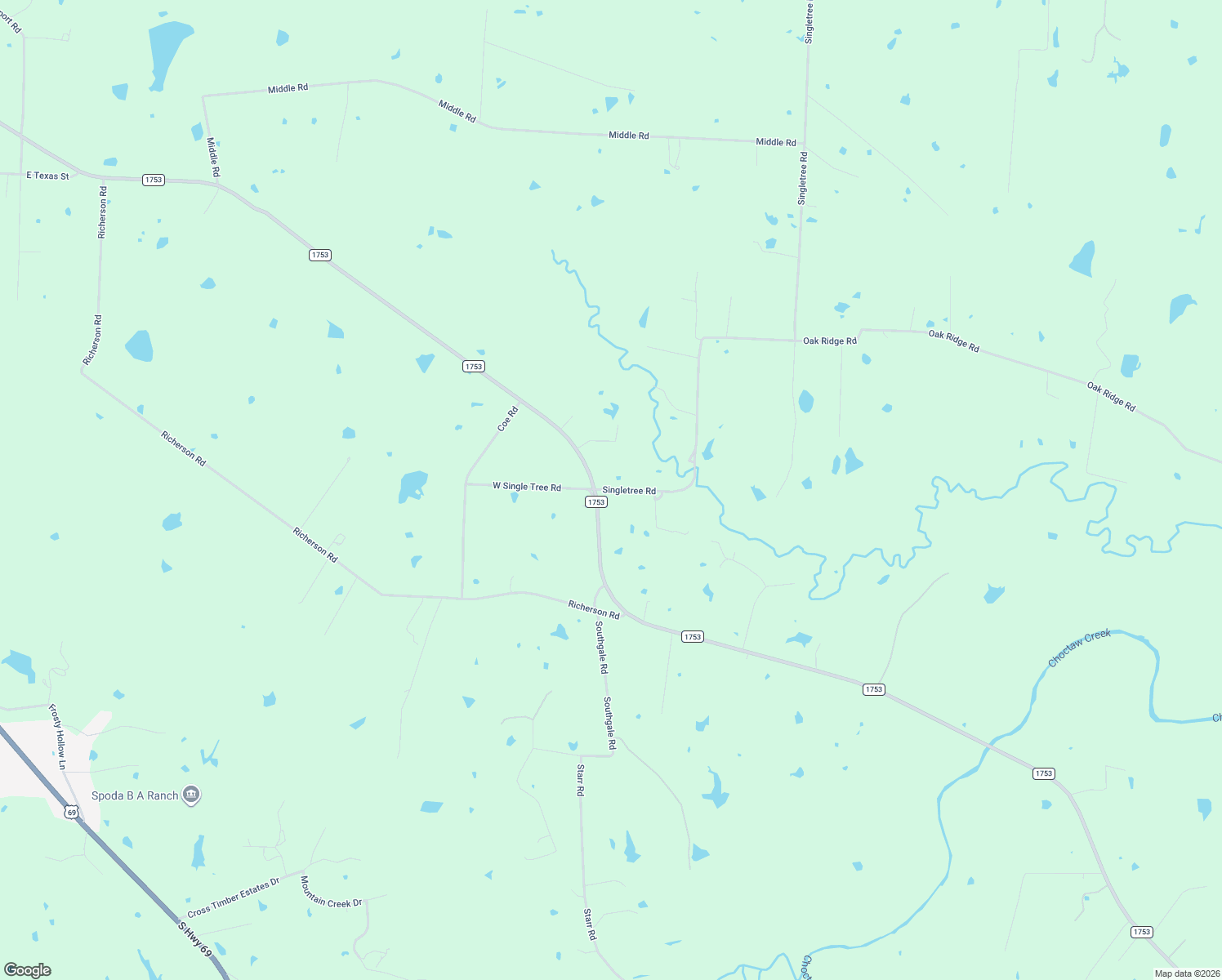 map of restaurants, bars, coffee shops, grocery stores, and more near 496 Singletree Road in Denison