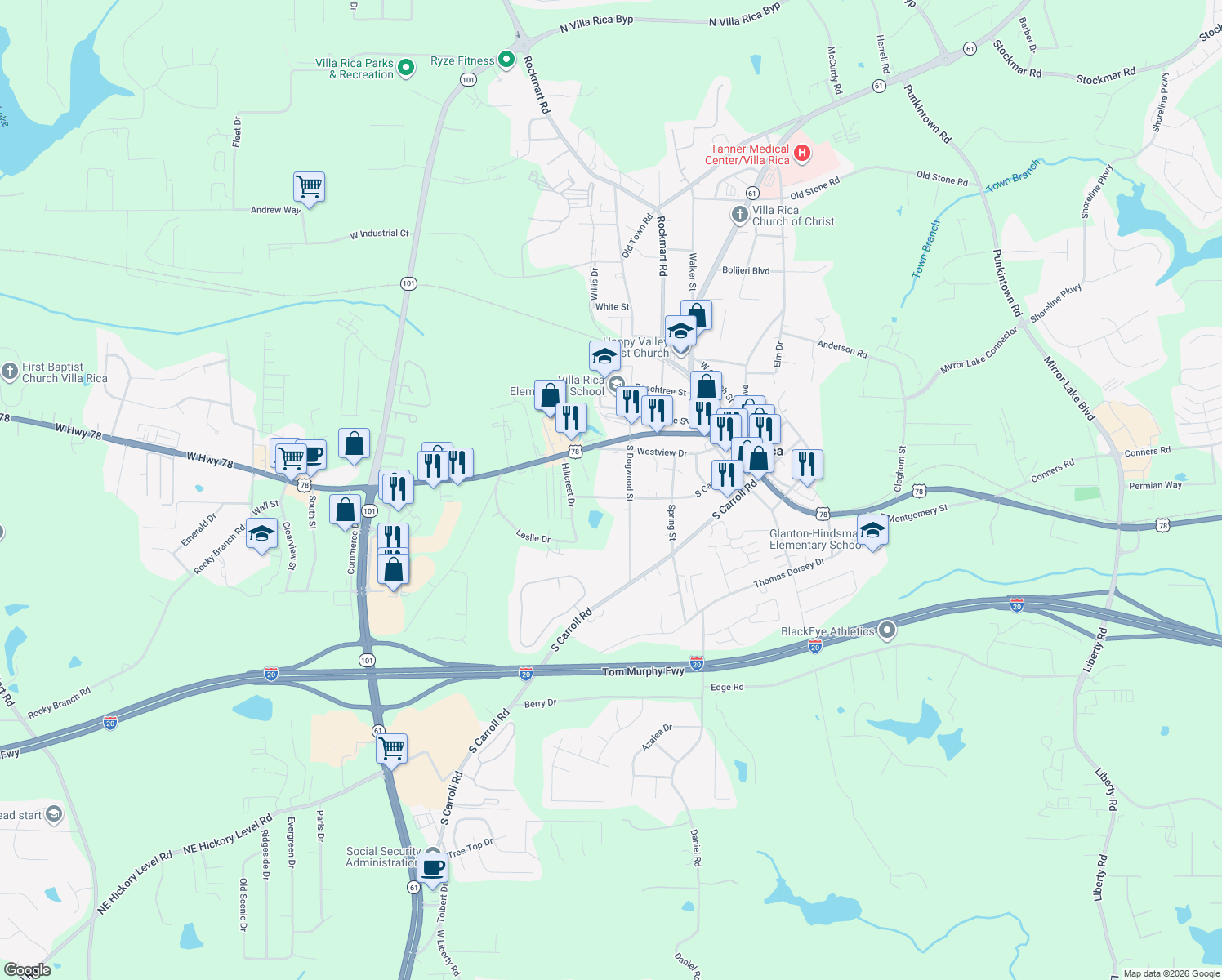 map of restaurants, bars, coffee shops, grocery stores, and more near 411 South Candler Street in Villa Rica