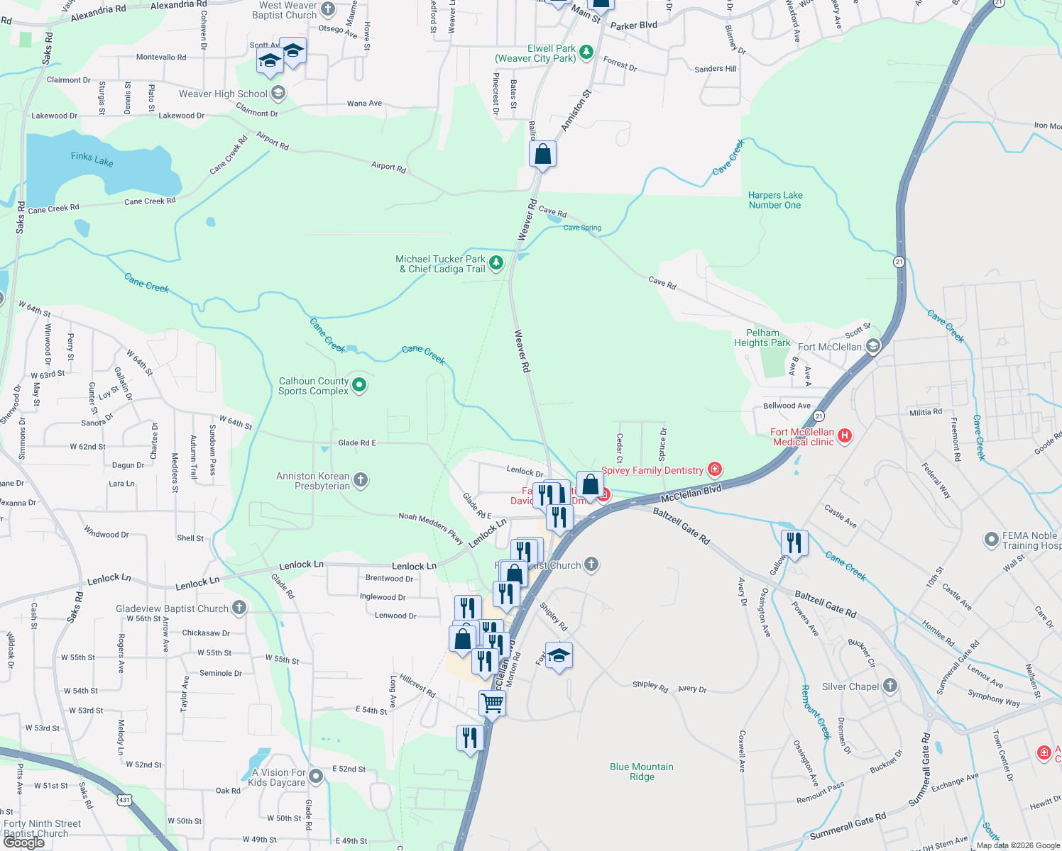 map of restaurants, bars, coffee shops, grocery stores, and more near 6110 Weaver Road in Anniston
