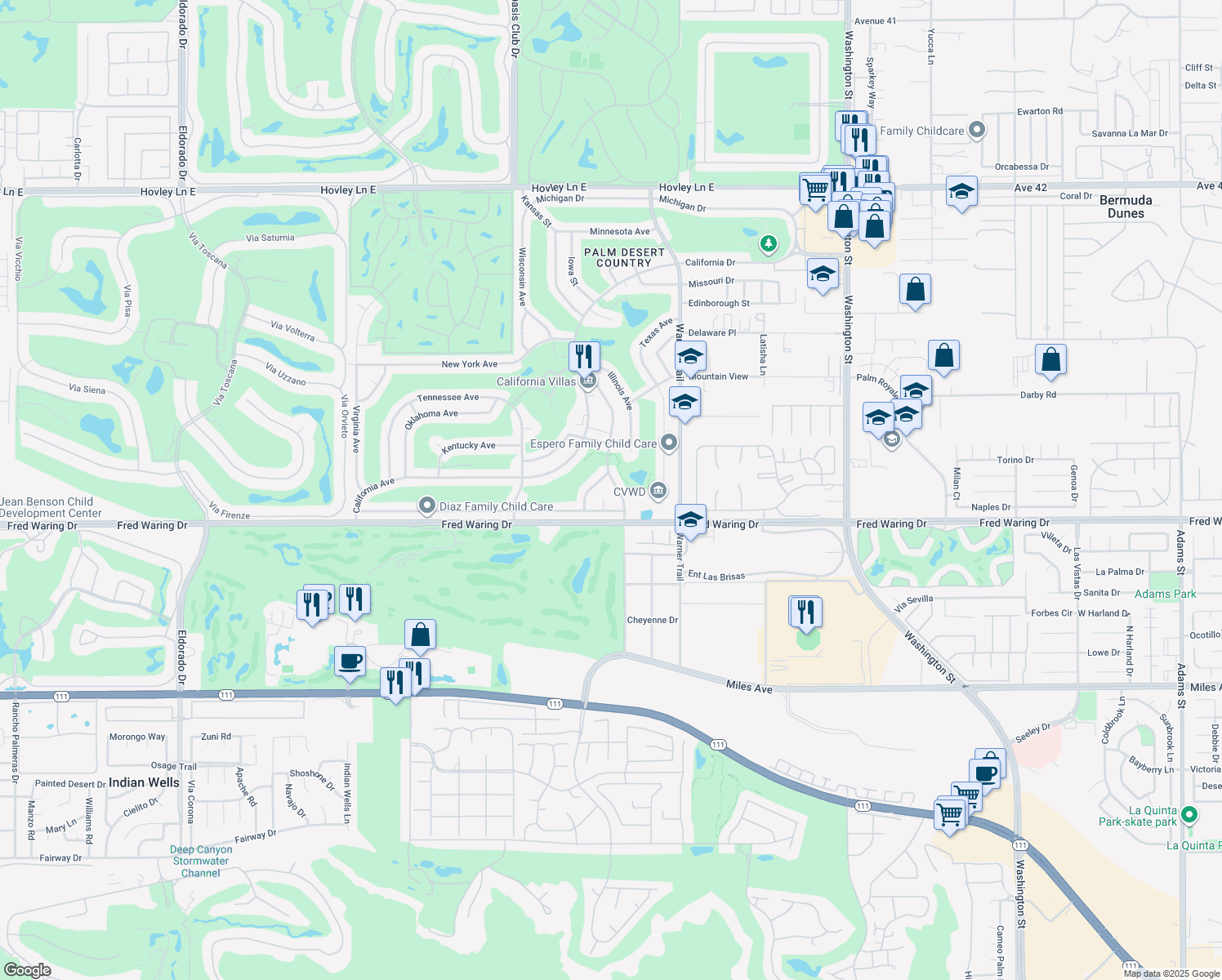 map of restaurants, bars, coffee shops, grocery stores, and more near 43705 Elkhorn Trail in Palm Desert