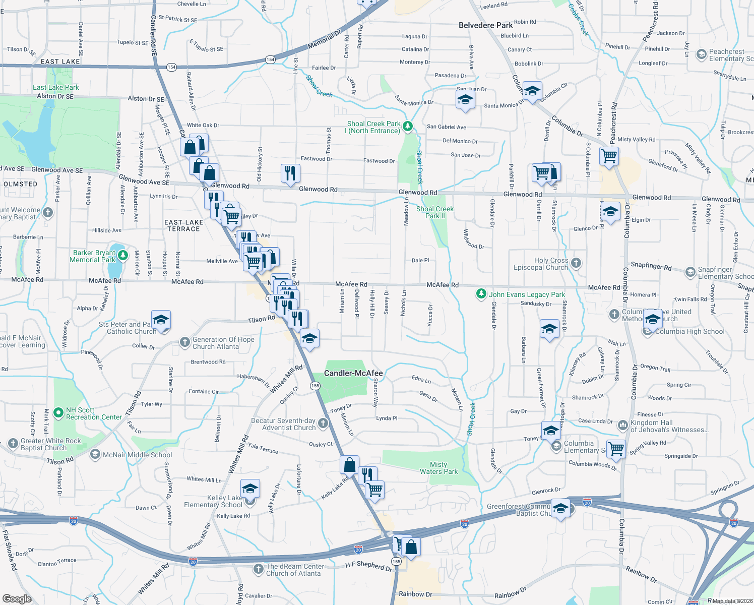 map of restaurants, bars, coffee shops, grocery stores, and more near 2050 Holly Hill Dr in Decatur