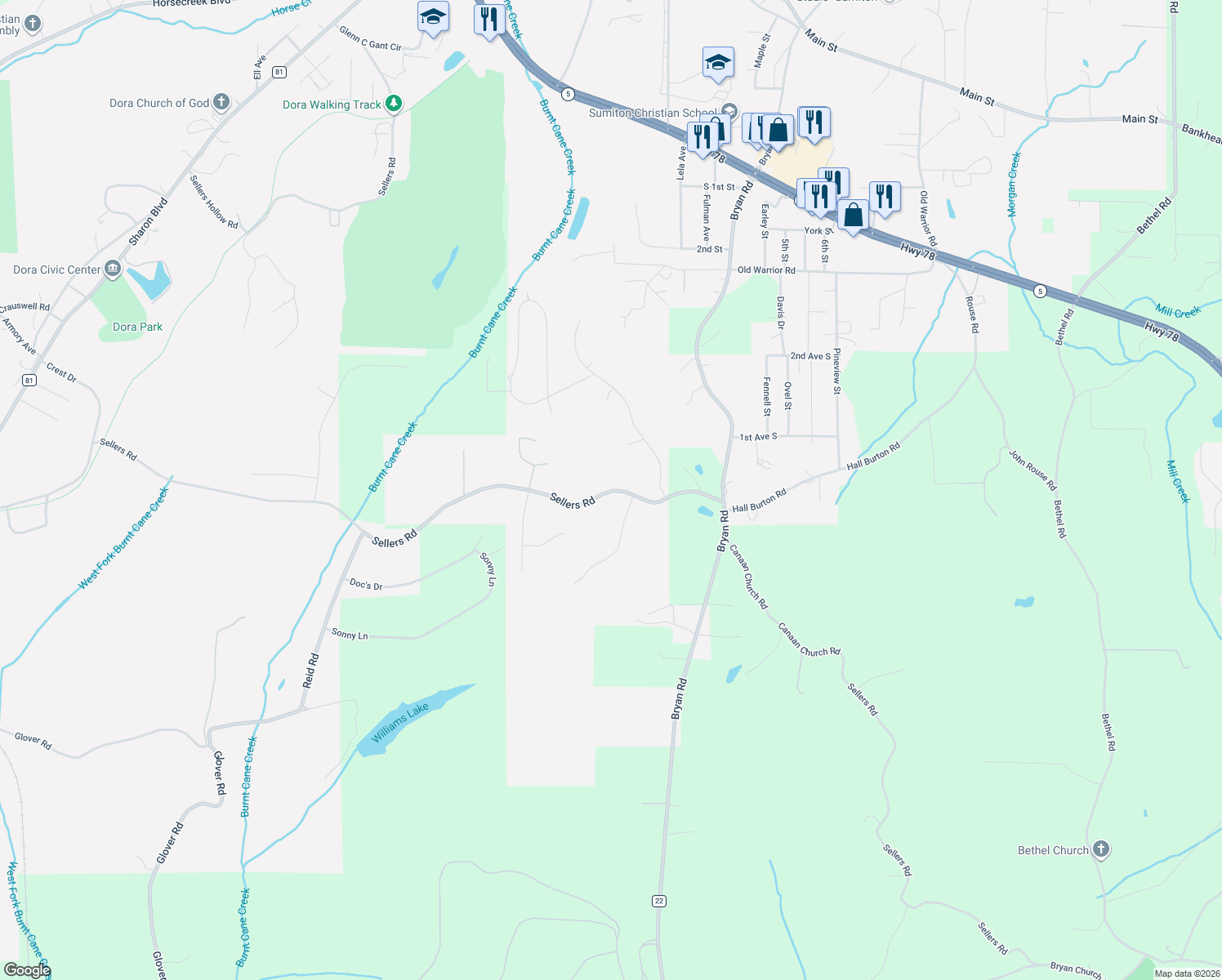 map of restaurants, bars, coffee shops, grocery stores, and more near 362 Sellers Road in Dora