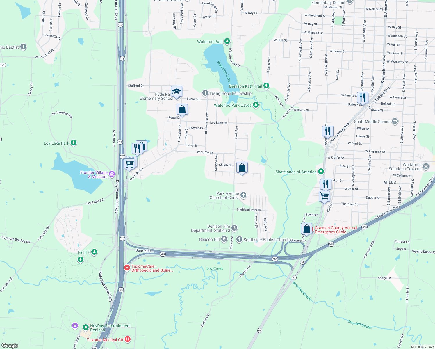 map of restaurants, bars, coffee shops, grocery stores, and more near 2602 Caprice Avenue in Denison