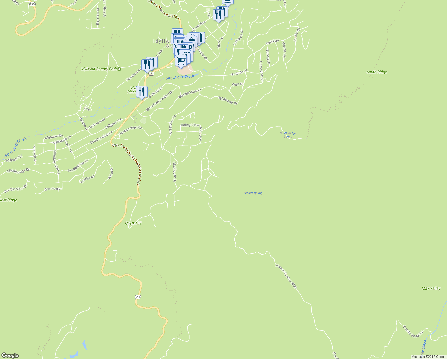 map of restaurants, bars, coffee shops, grocery stores, and more near 54660 Mactecklewood Lane in Idyllwild-Pine Cove