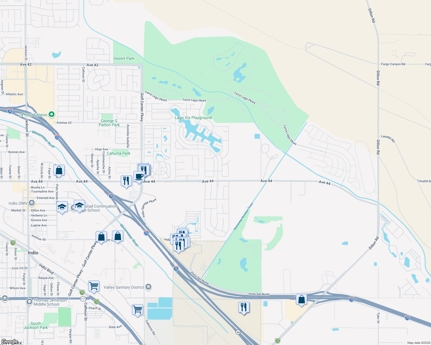 map of restaurants, bars, coffee shops, grocery stores, and more near 43876 Riunione Place in Indio