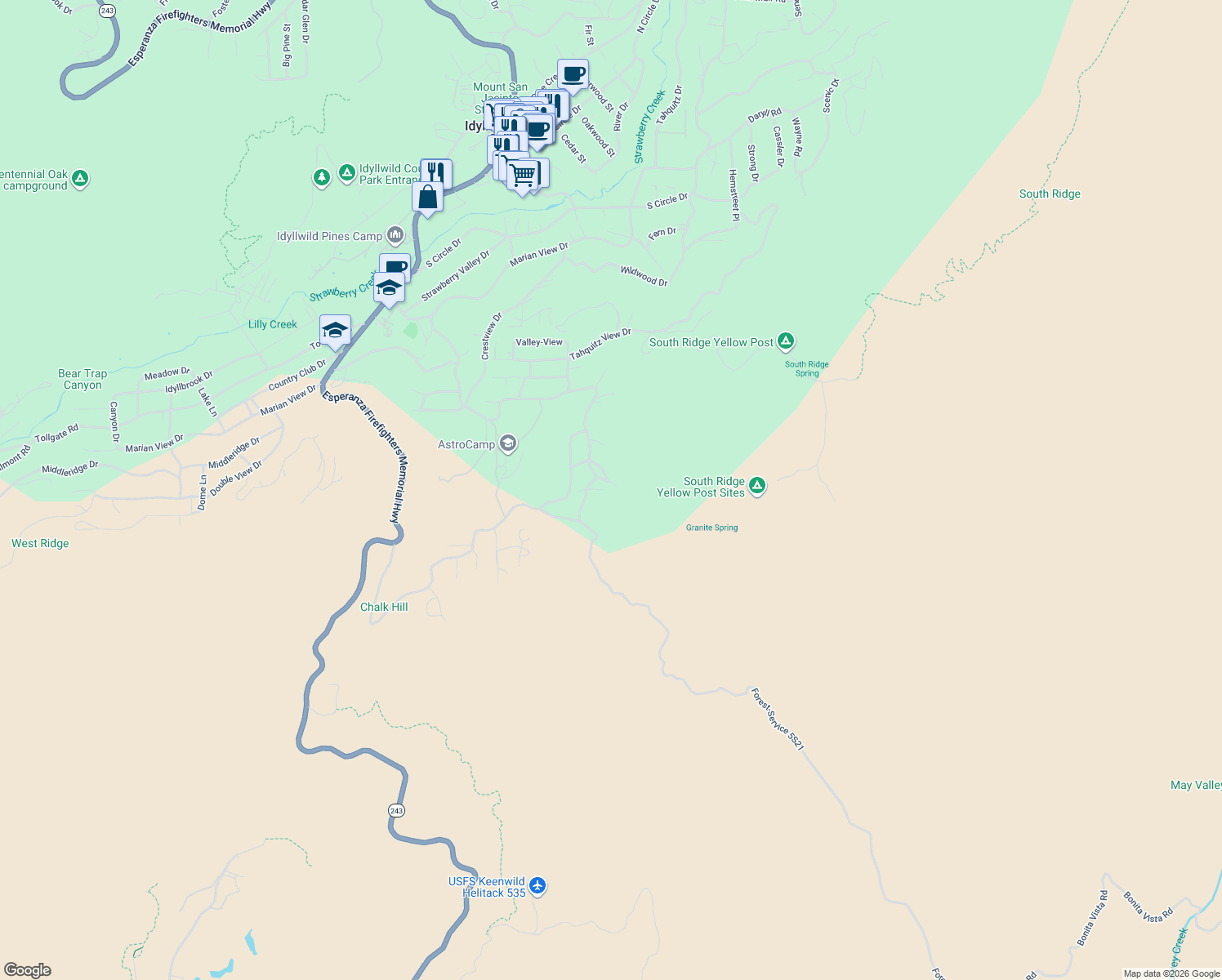 map of restaurants, bars, coffee shops, grocery stores, and more near 54645 Macteckelwood Lane in Idyllwild-Pine Cove