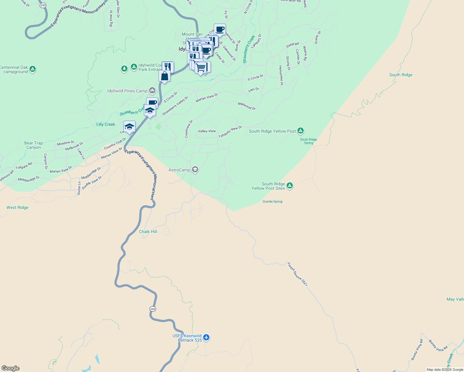 map of restaurants, bars, coffee shops, grocery stores, and more near 54645 Macteckelwood Lane in Idyllwild-Pine Cove