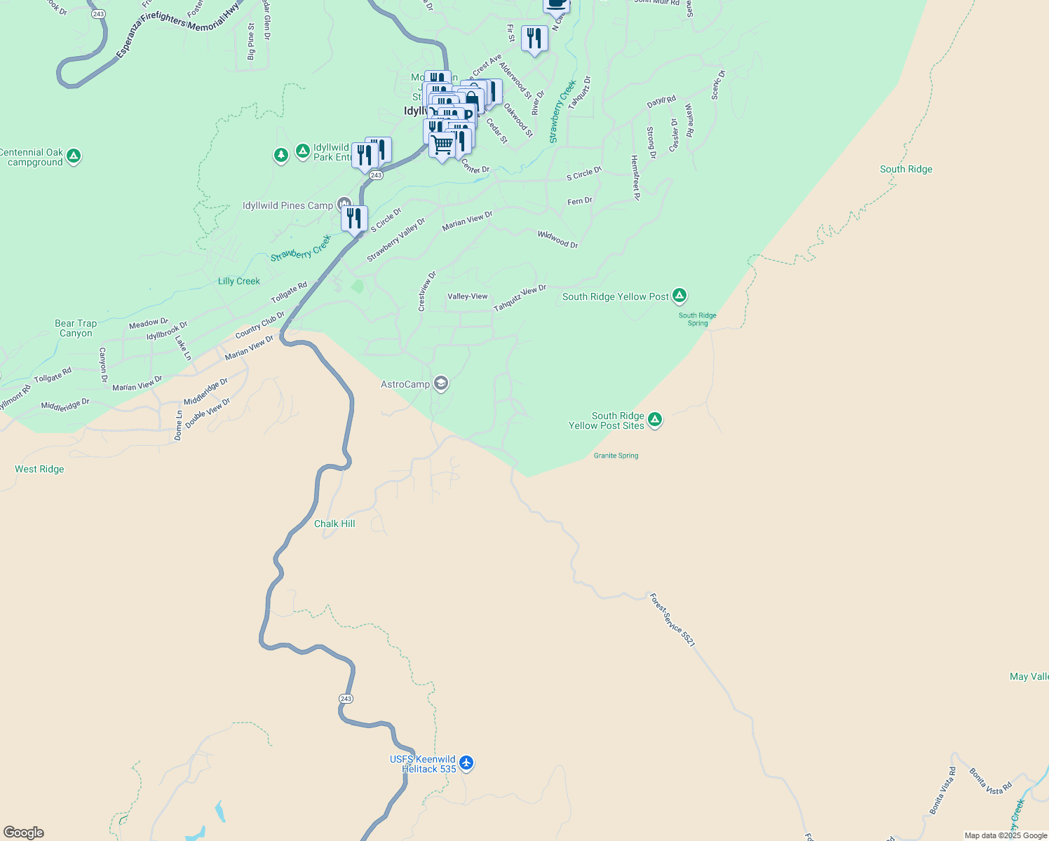 map of restaurants, bars, coffee shops, grocery stores, and more near 54595 Granite Springs Road in Idyllwild-Pine Cove