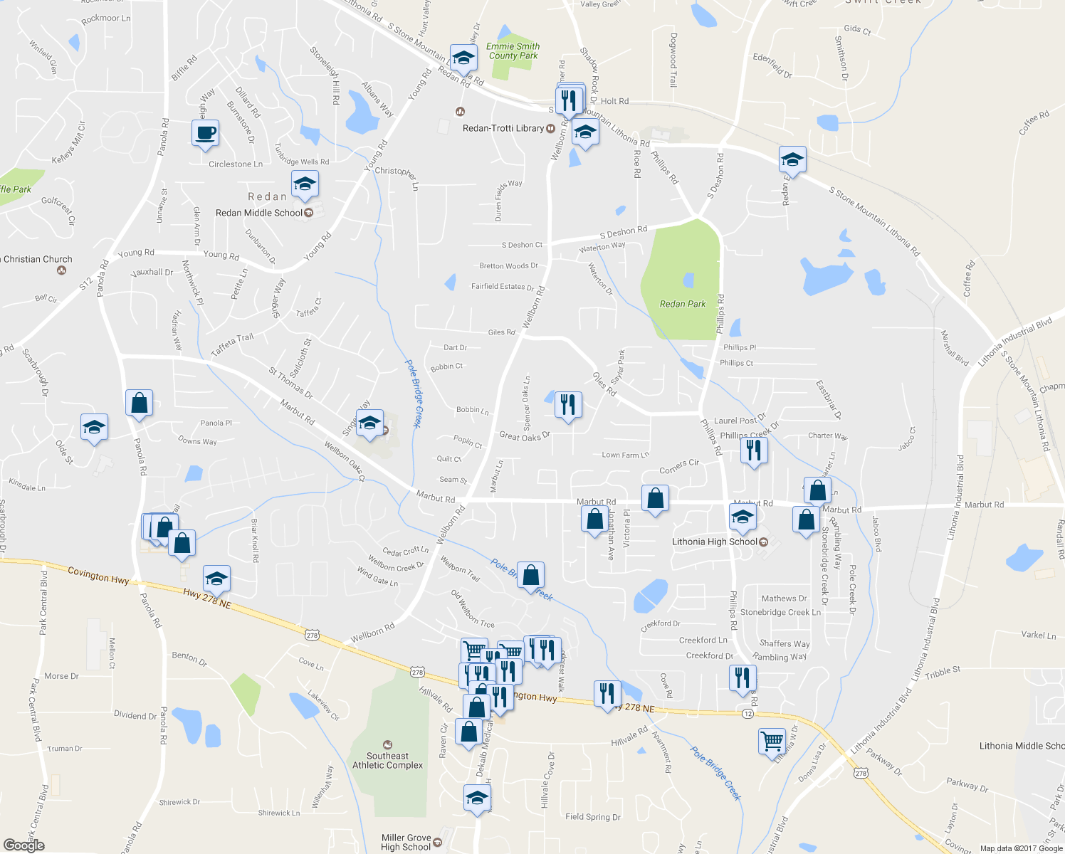 map of restaurants, bars, coffee shops, grocery stores, and more near 2000 Spencer Oaks Lane in Lithonia