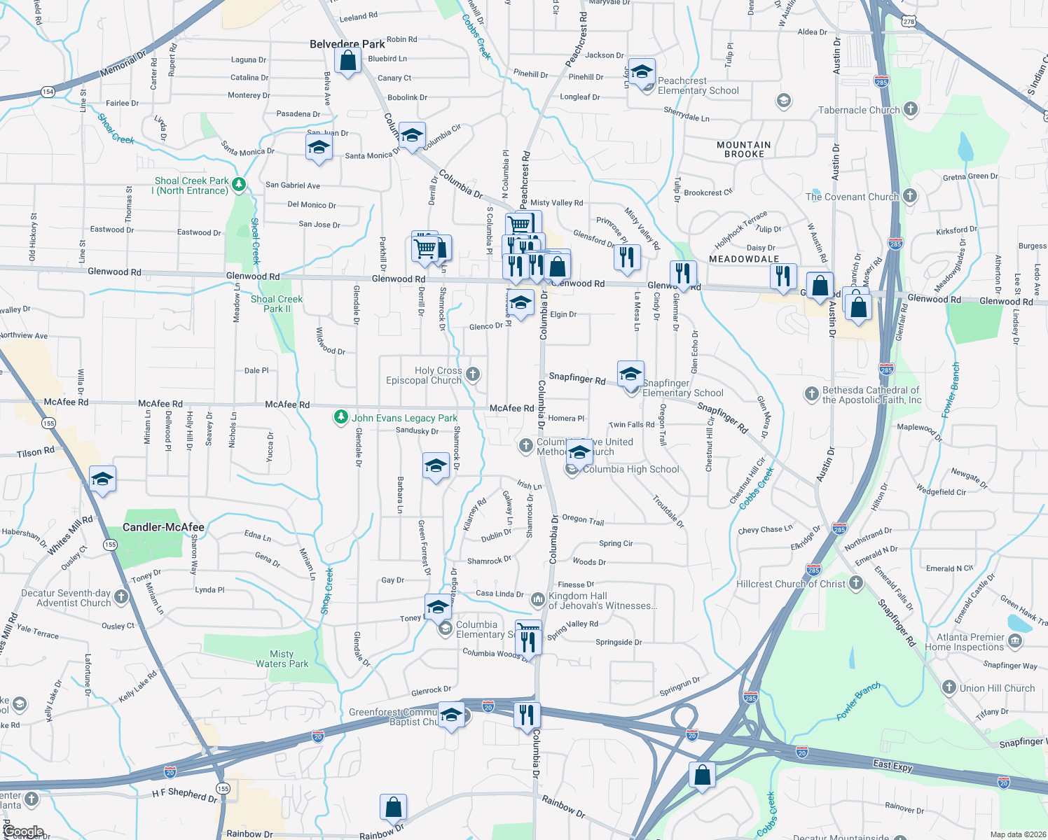 map of restaurants, bars, coffee shops, grocery stores, and more near 2036 Oak Park Ln in Decatur