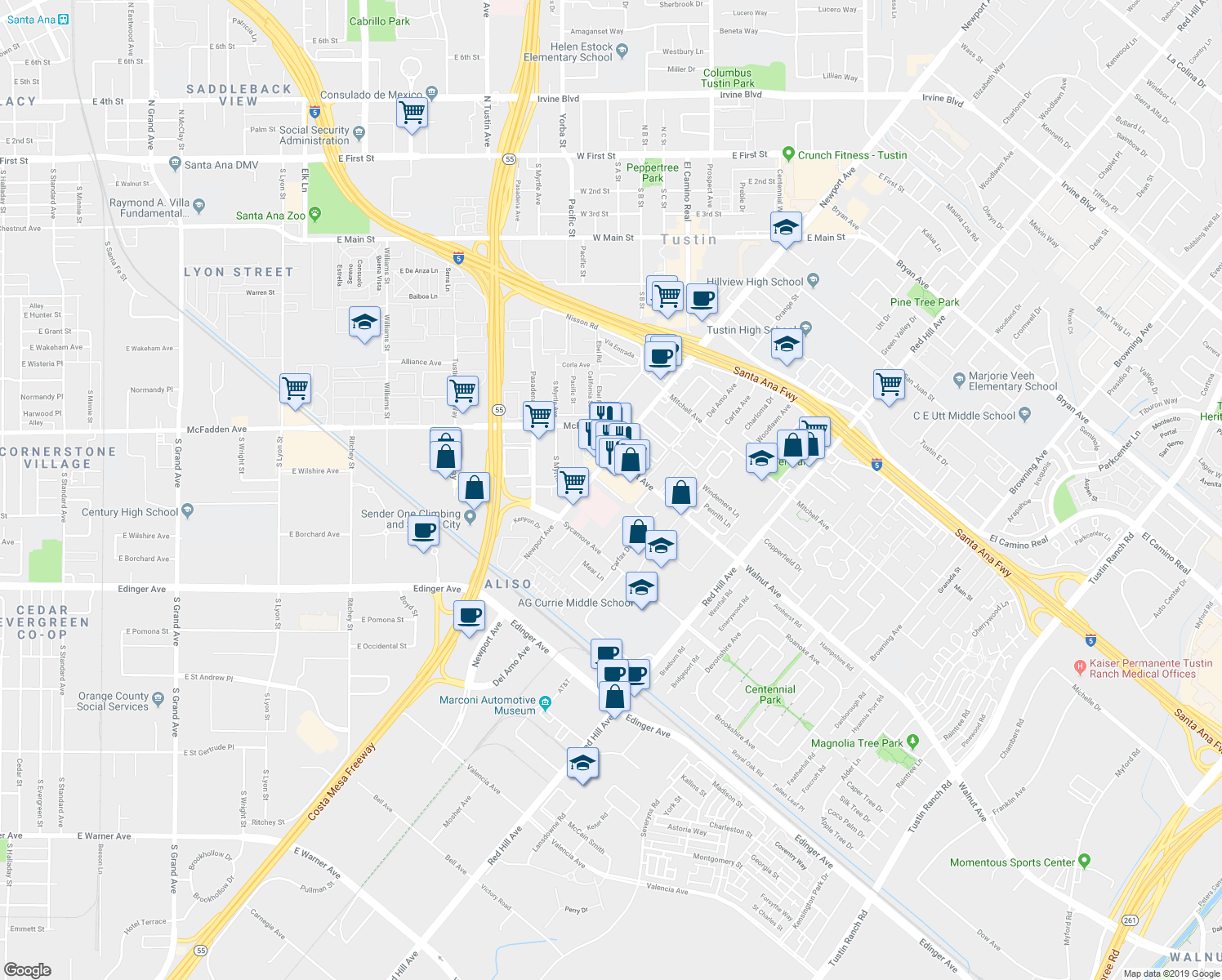 map of restaurants, bars, coffee shops, grocery stores, and more near 14662 Newport Avenue in Tustin