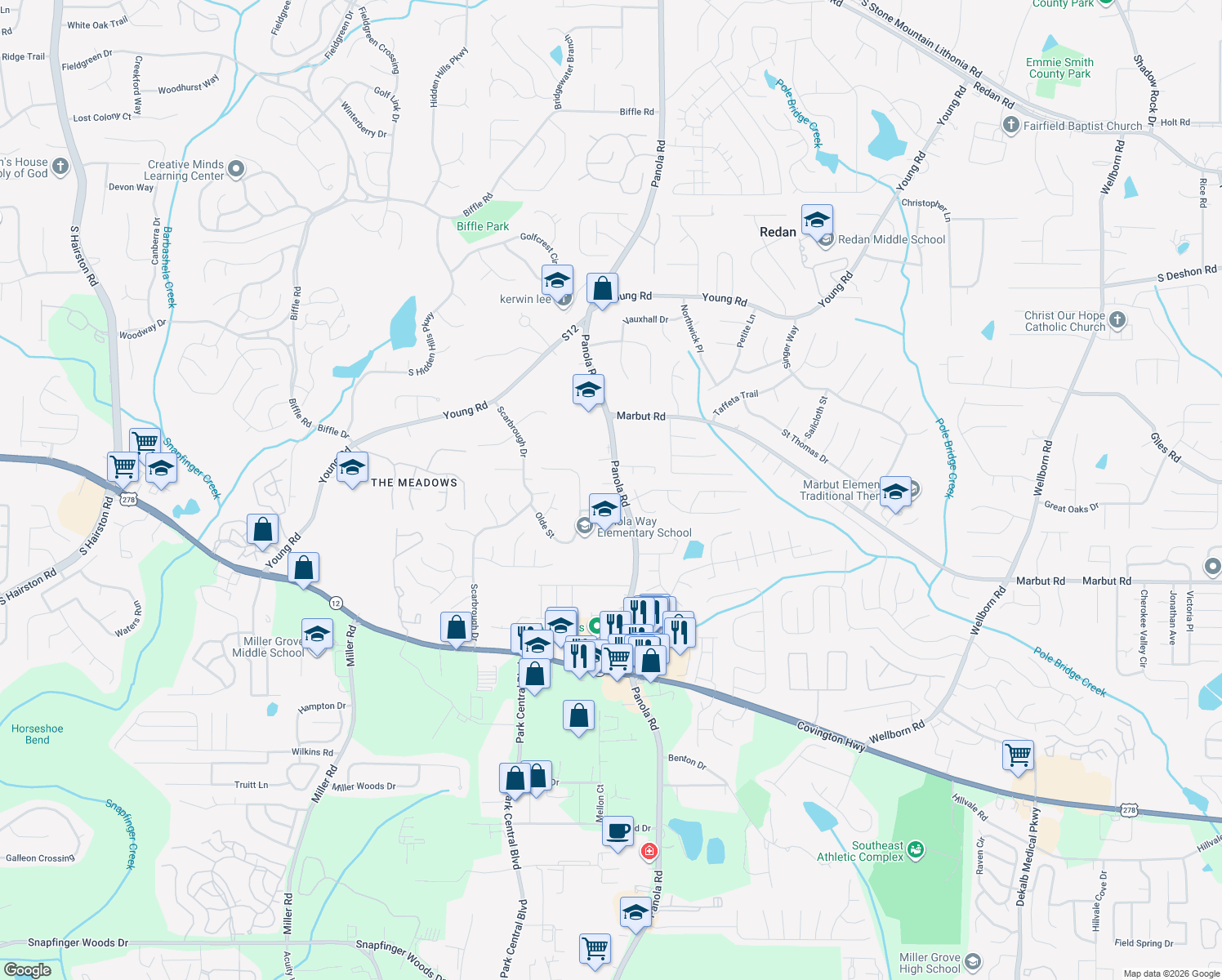 map of restaurants, bars, coffee shops, grocery stores, and more near 2027 Panola Rd in Lithonia
