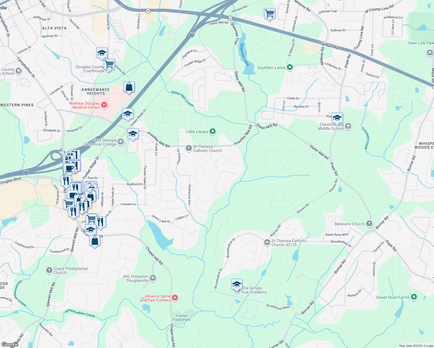 map of restaurants, bars, coffee shops, grocery stores, and more near 9199 Saddlebrook Way in Douglasville