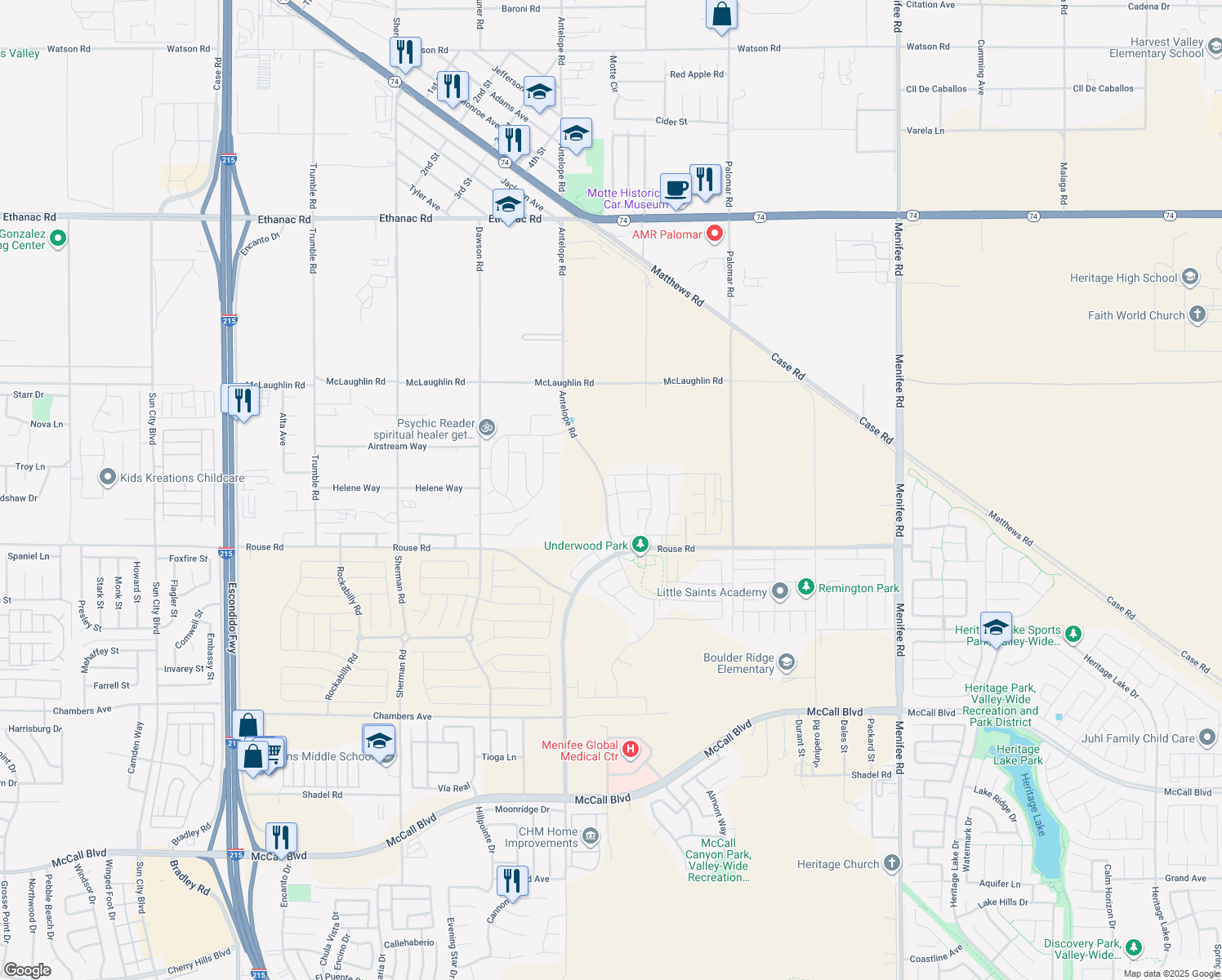 map of restaurants, bars, coffee shops, grocery stores, and more near 26545 Dash Drive in Menifee