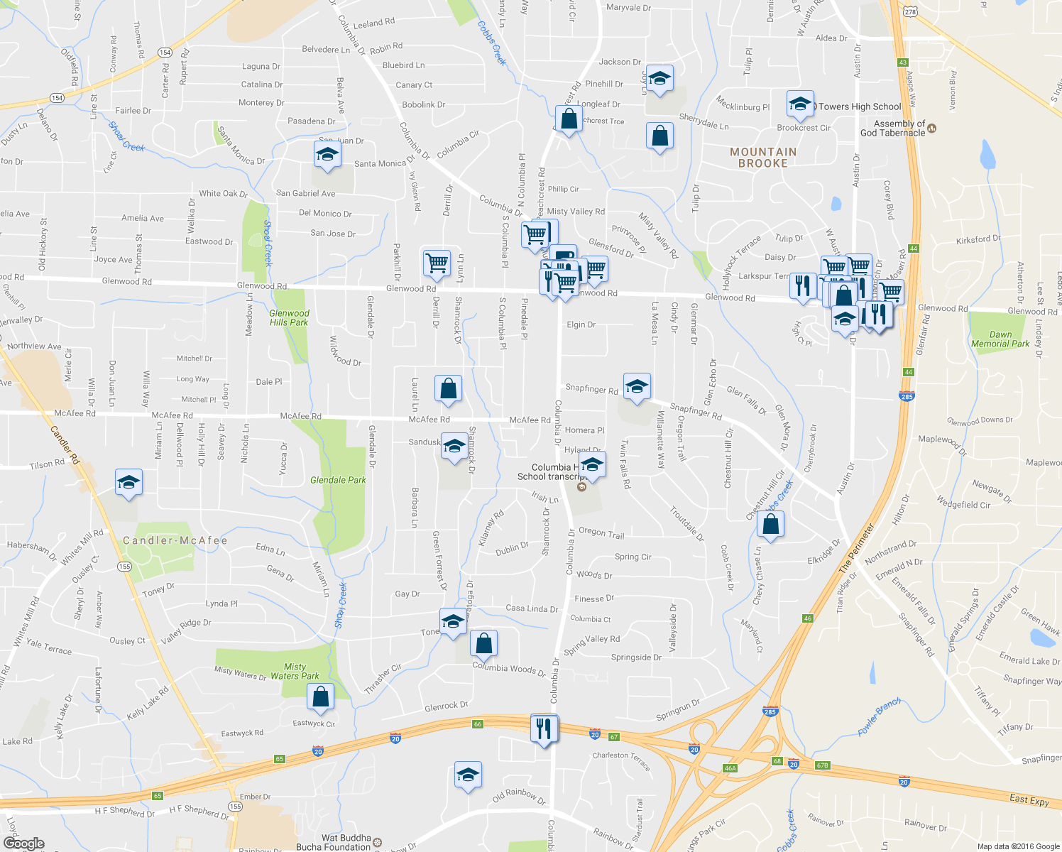 map of restaurants, bars, coffee shops, grocery stores, and more near 2038 Oak Park Lane in Decatur