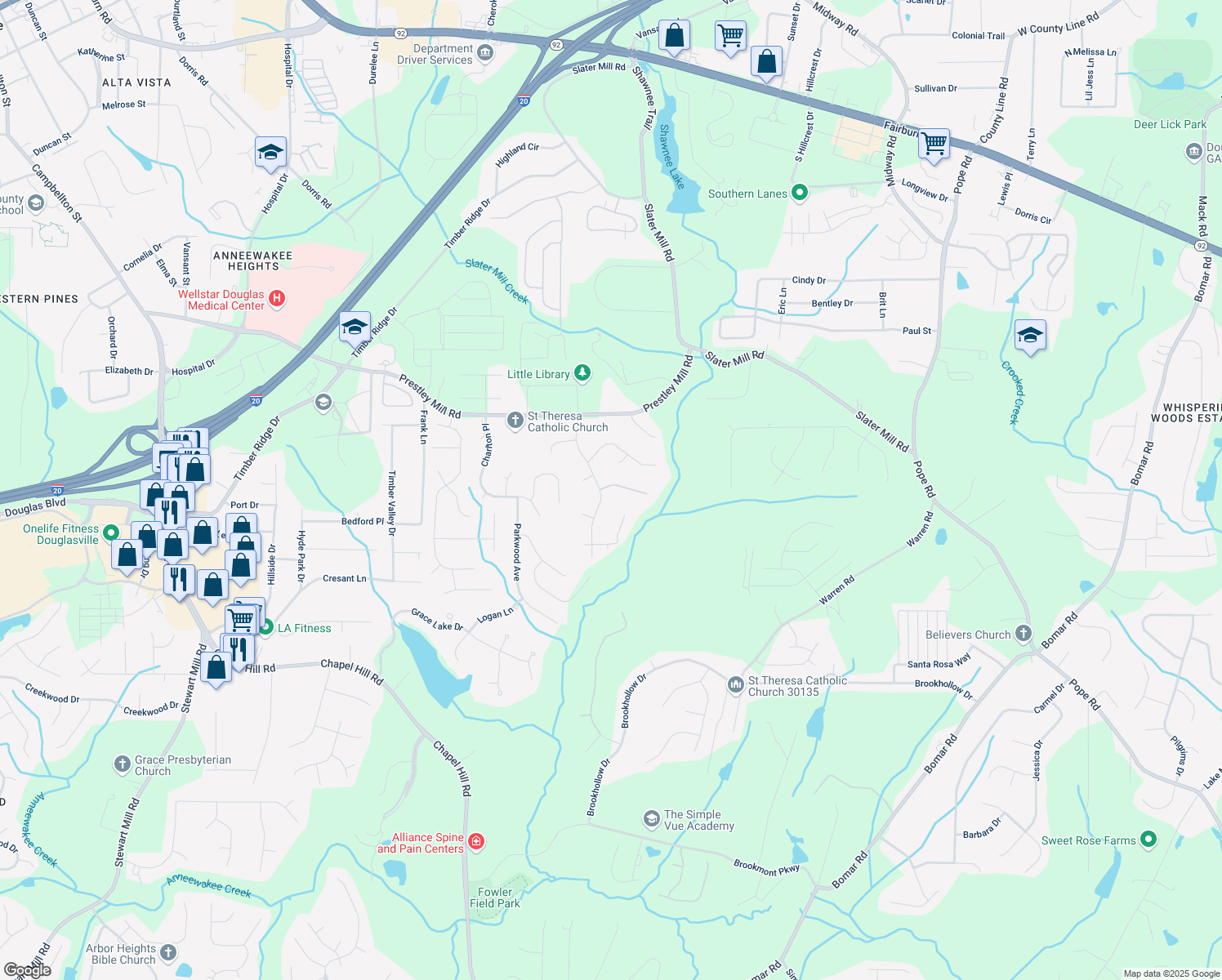 map of restaurants, bars, coffee shops, grocery stores, and more near 5445 Mountain Trail in Douglasville