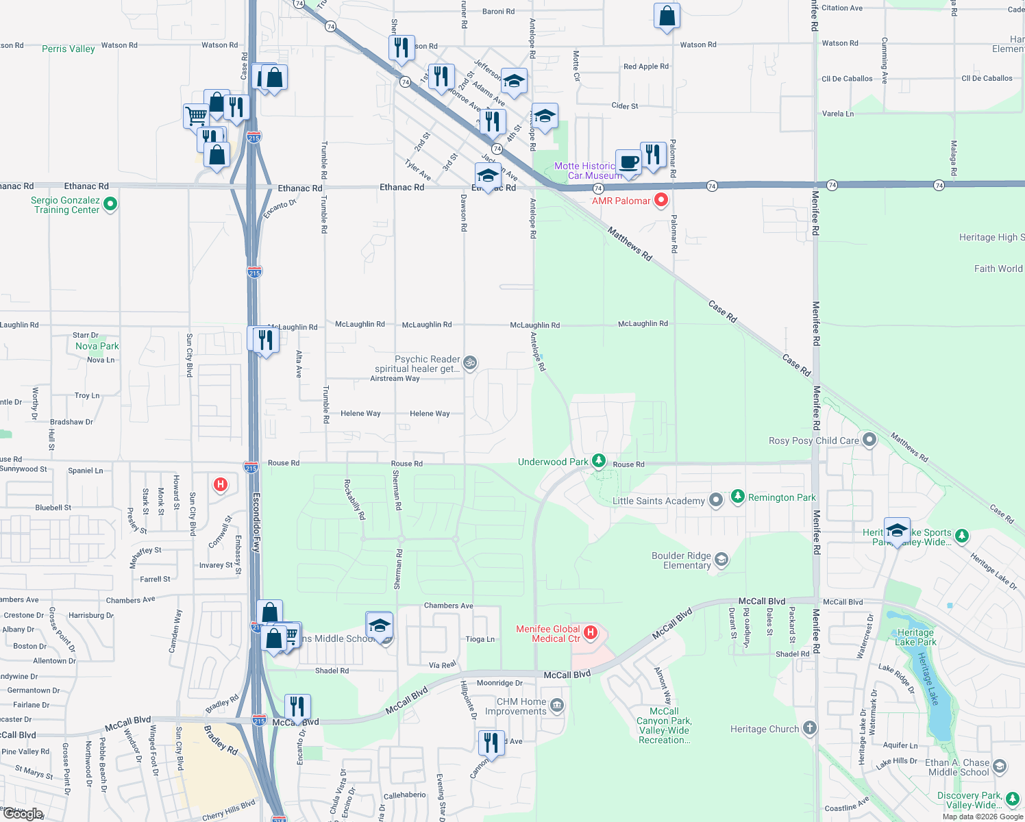 map of restaurants, bars, coffee shops, grocery stores, and more near 27878 Calle Talavera in Romoland