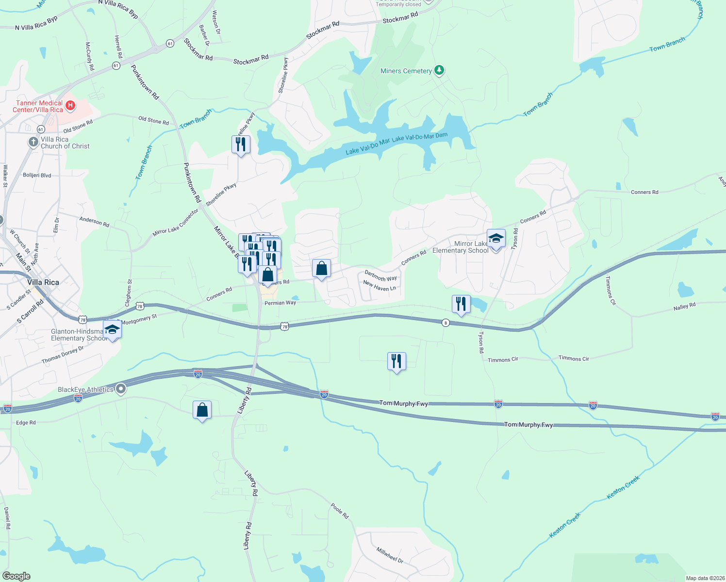 map of restaurants, bars, coffee shops, grocery stores, and more near 2055 Dartmoth Way in Villa Rica