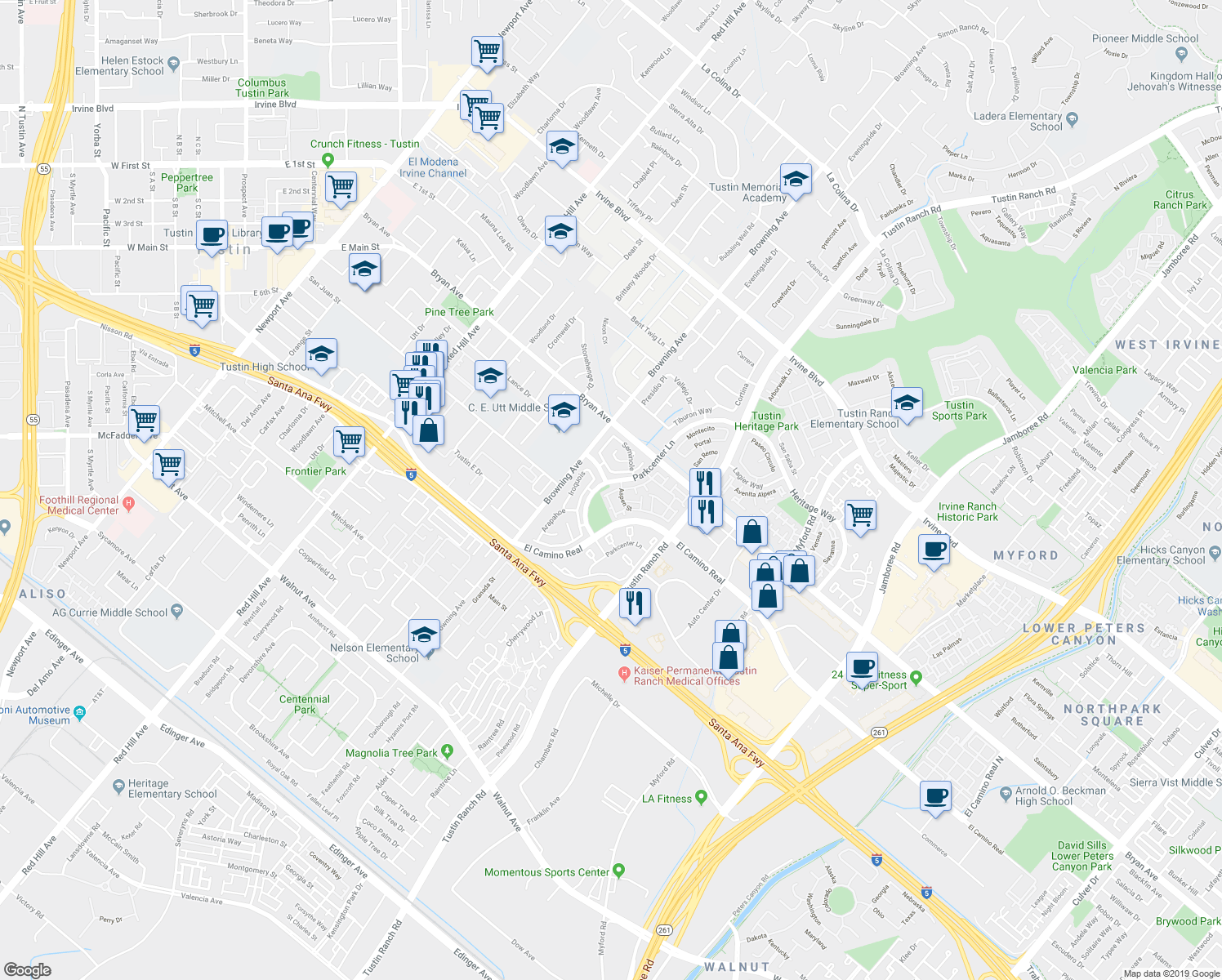 map of restaurants, bars, coffee shops, grocery stores, and more near 13615 Almond Street in Tustin