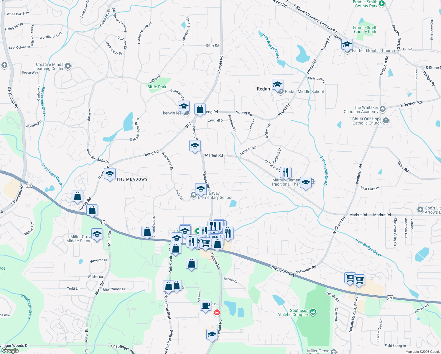 map of restaurants, bars, coffee shops, grocery stores, and more near 1971 Marbut Forest Drive in Lithonia