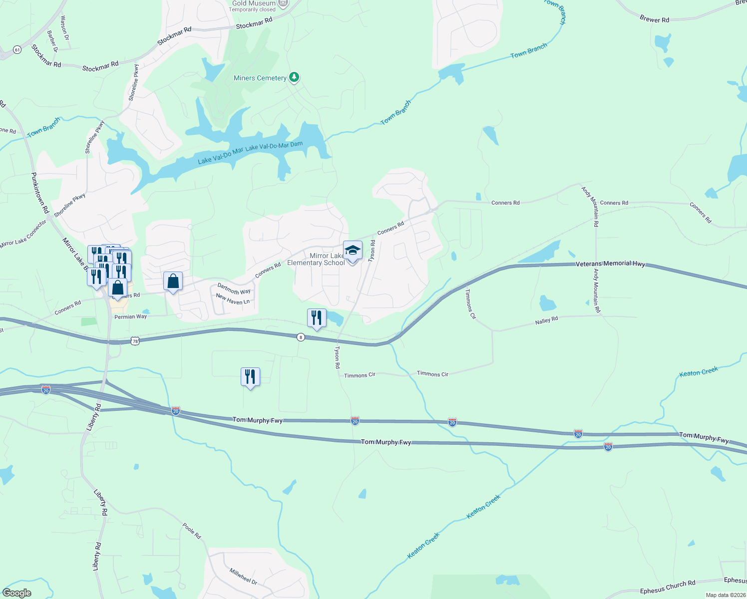 map of restaurants, bars, coffee shops, grocery stores, and more near 1010 Balsam Wood Trail in Villa Rica
