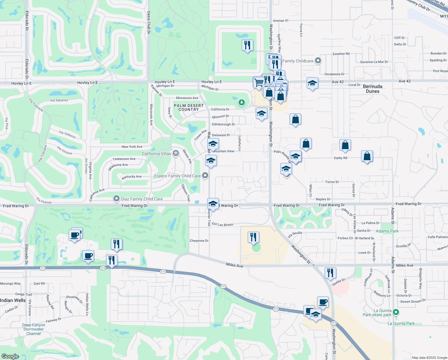 map of restaurants, bars, coffee shops, grocery stores, and more near 43570 Vía Majorca in Palm Desert
