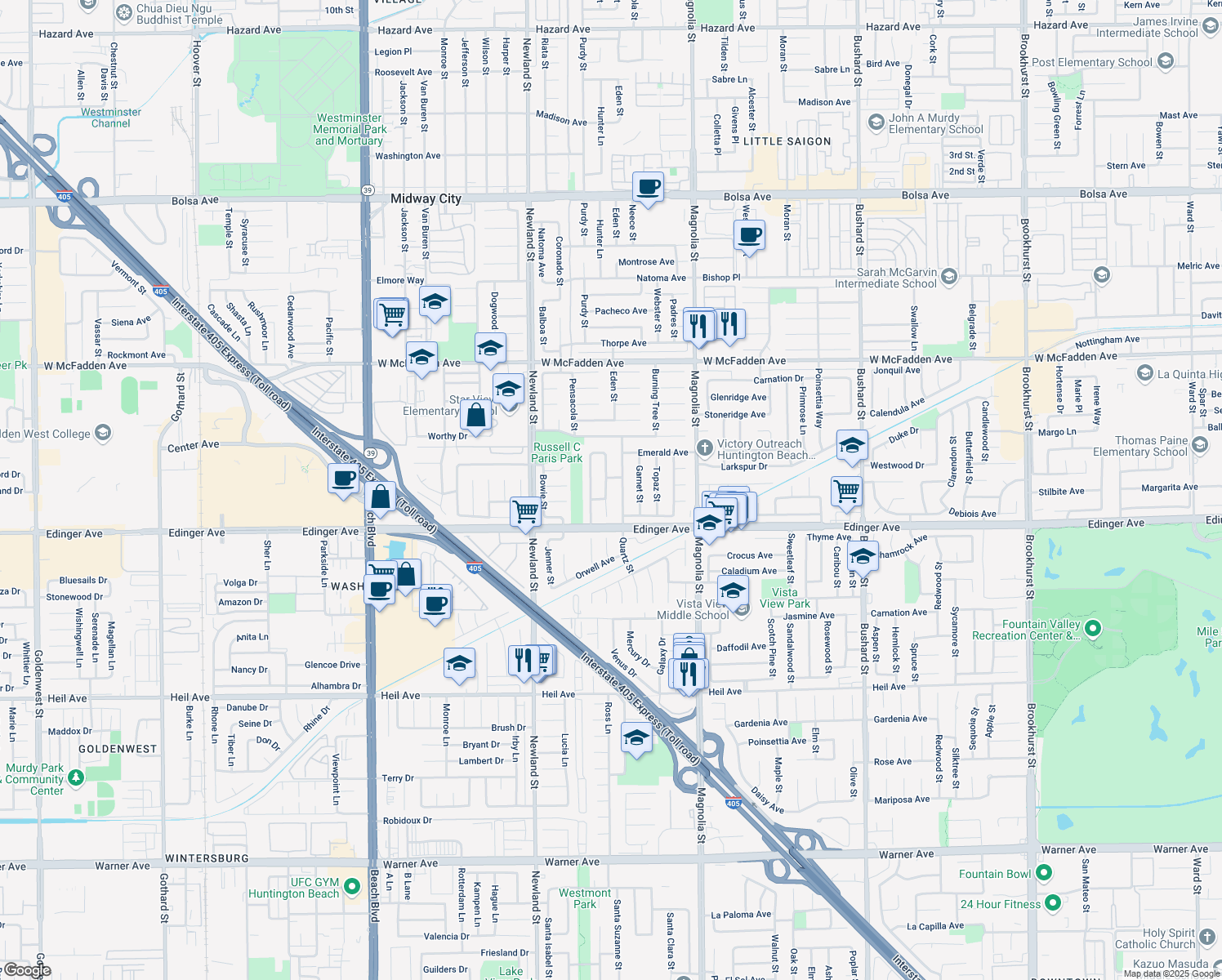 map of restaurants, bars, coffee shops, grocery stores, and more near 15892 Plumwood Street in Westminster