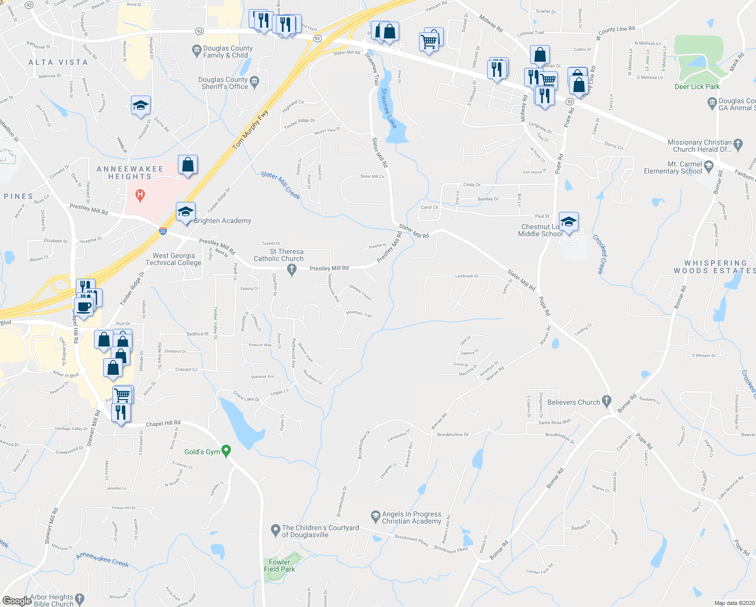map of restaurants, bars, coffee shops, grocery stores, and more near 5365 Steeple Chase in Douglasville