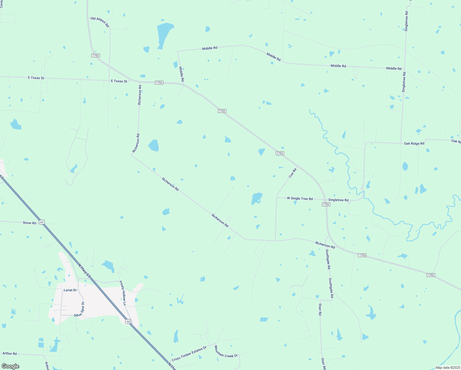 map of restaurants, bars, coffee shops, grocery stores, and more near 1399 Richerson Road in Denison