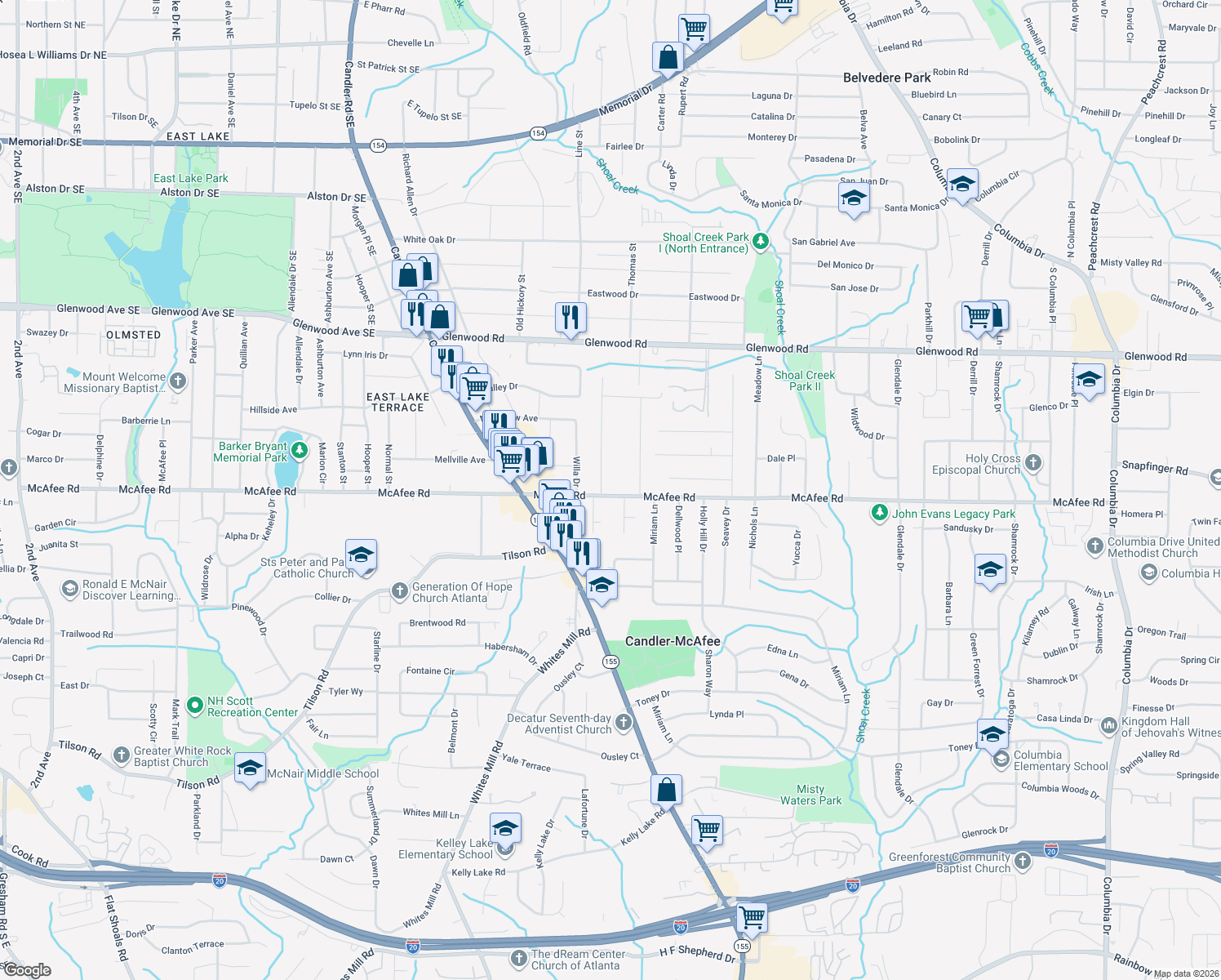 map of restaurants, bars, coffee shops, grocery stores, and more near 2722 McAfee Rd in Decatur