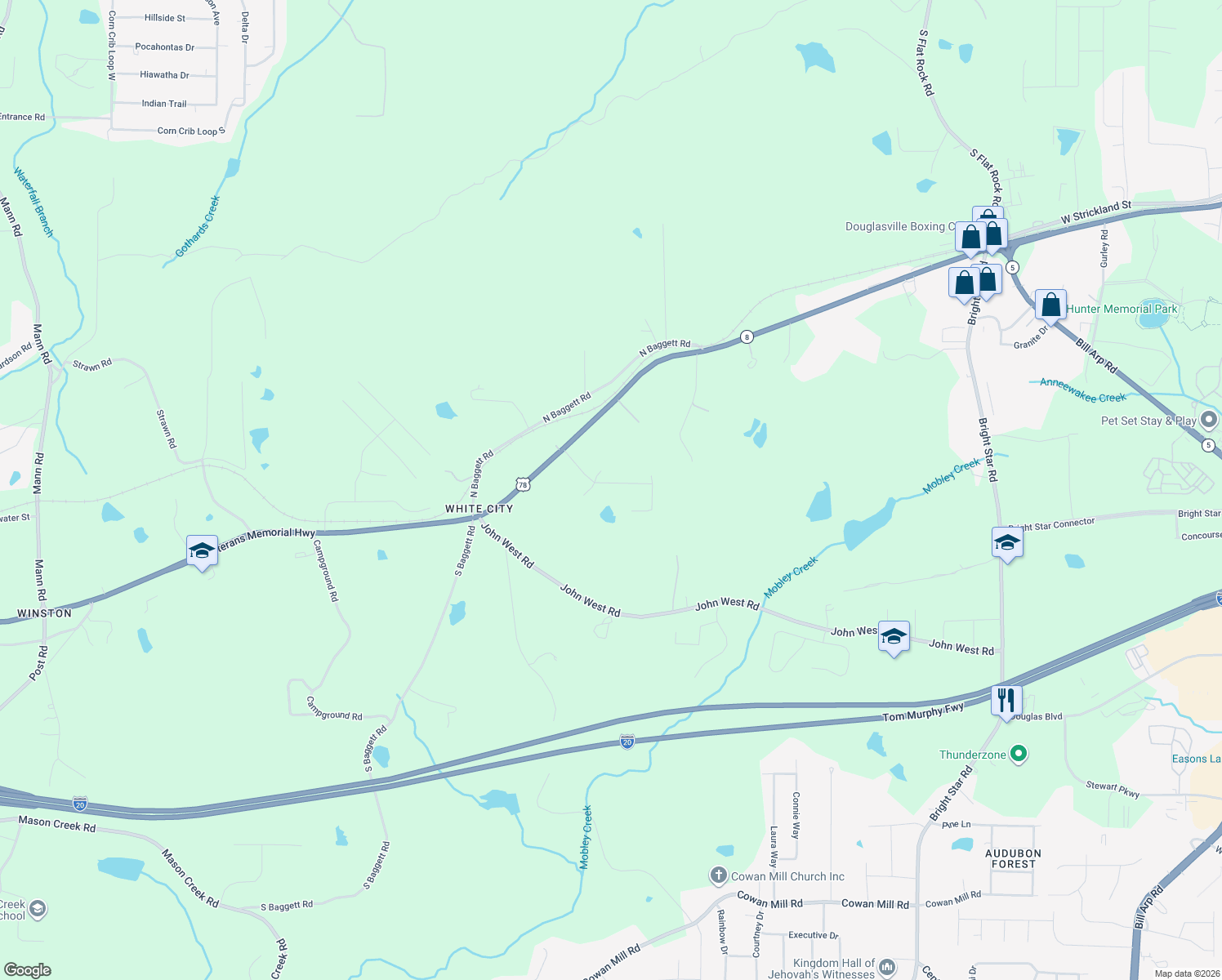 map of restaurants, bars, coffee shops, grocery stores, and more near 2565 Hamrick Rd in Douglasville