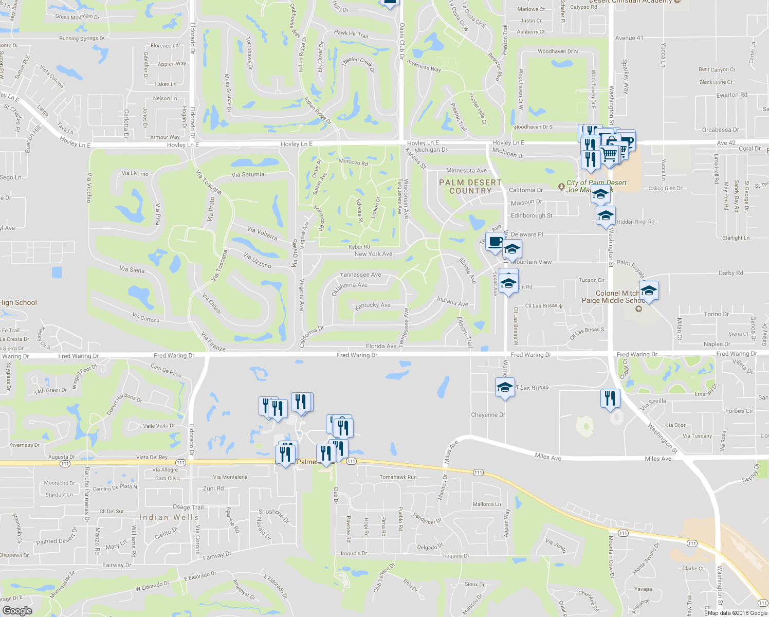 map of restaurants, bars, coffee shops, grocery stores, and more near 76901 Kentucky Avenue in Palm Desert