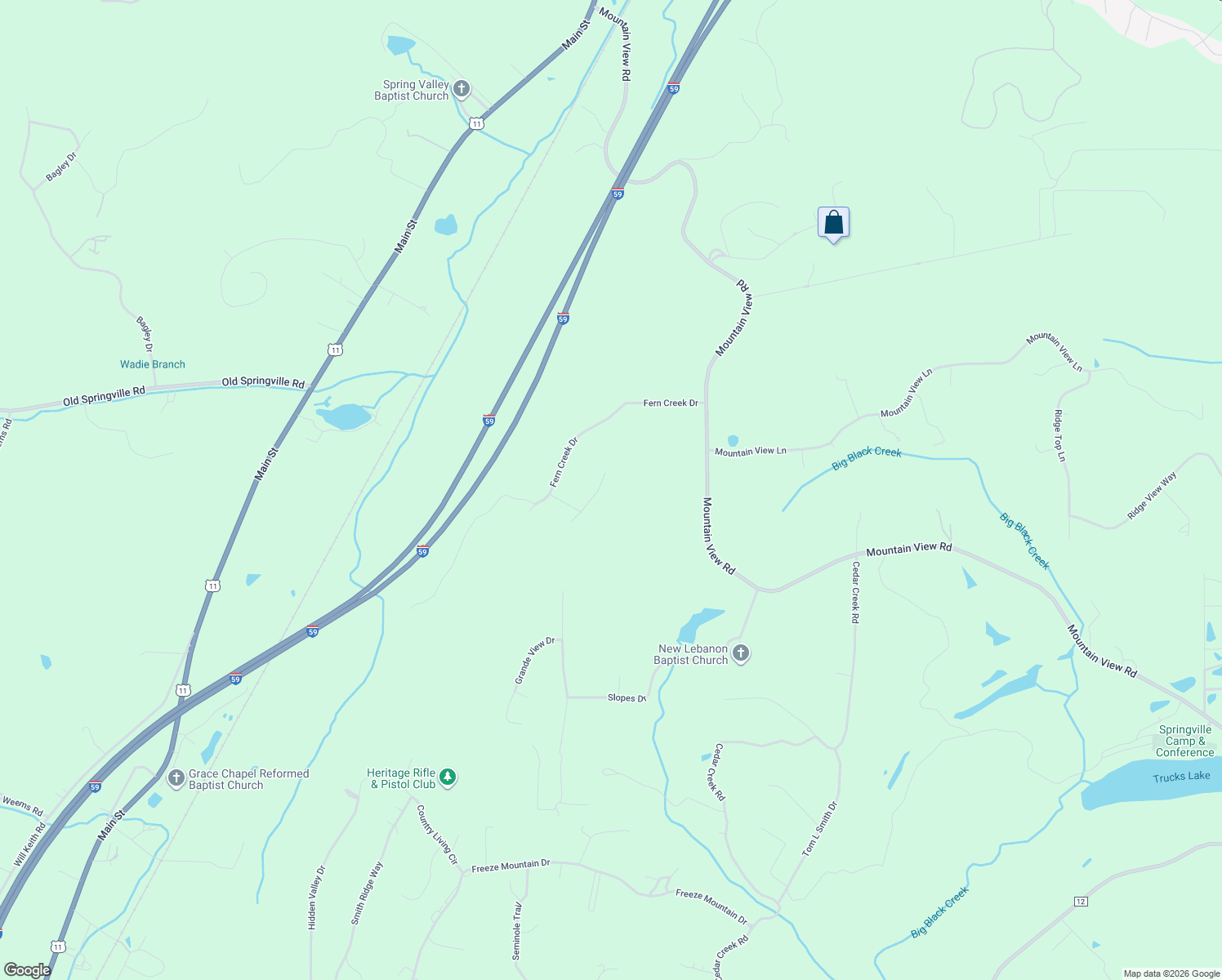 map of restaurants, bars, coffee shops, grocery stores, and more near 122 Fern Creek Circle in Springville